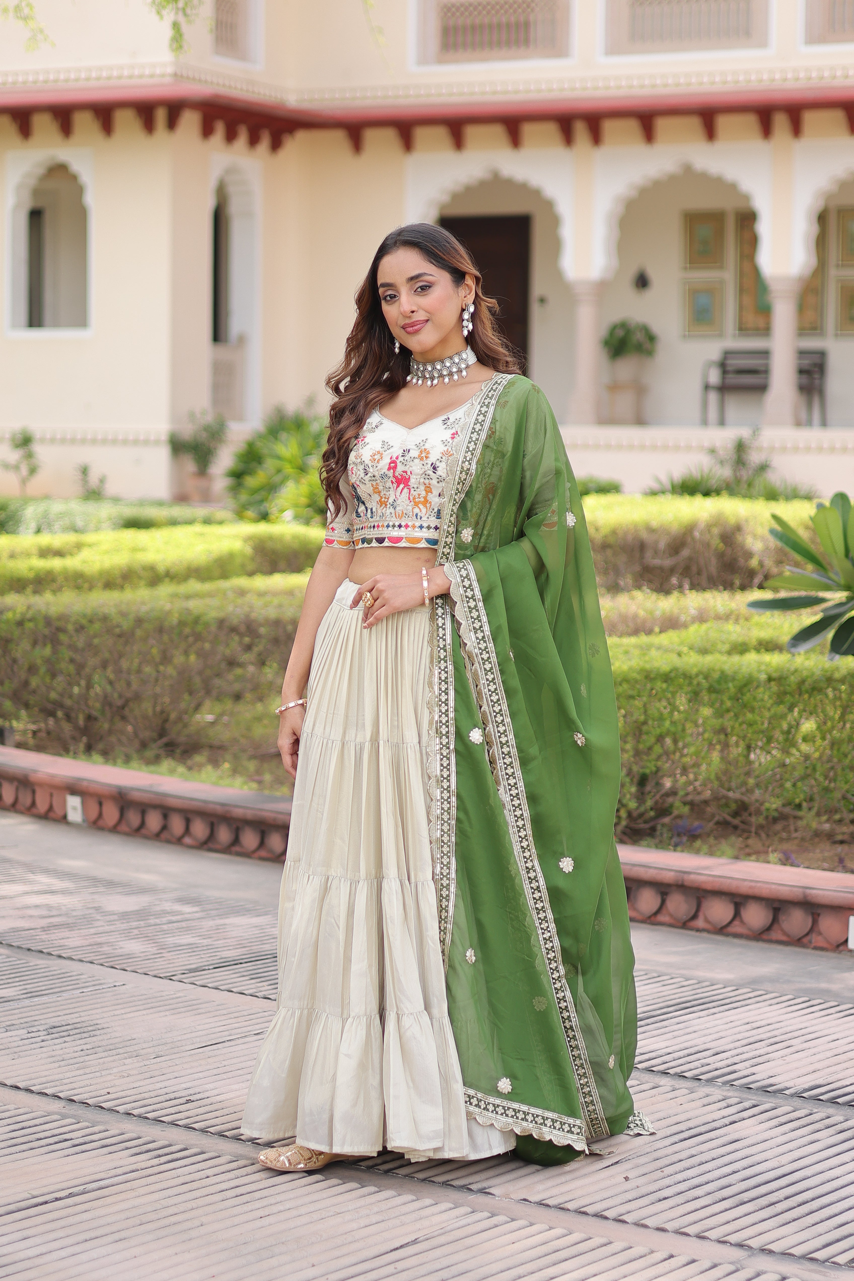 Off-White Silk Embroidered Wedding Lehenga Choli for Women