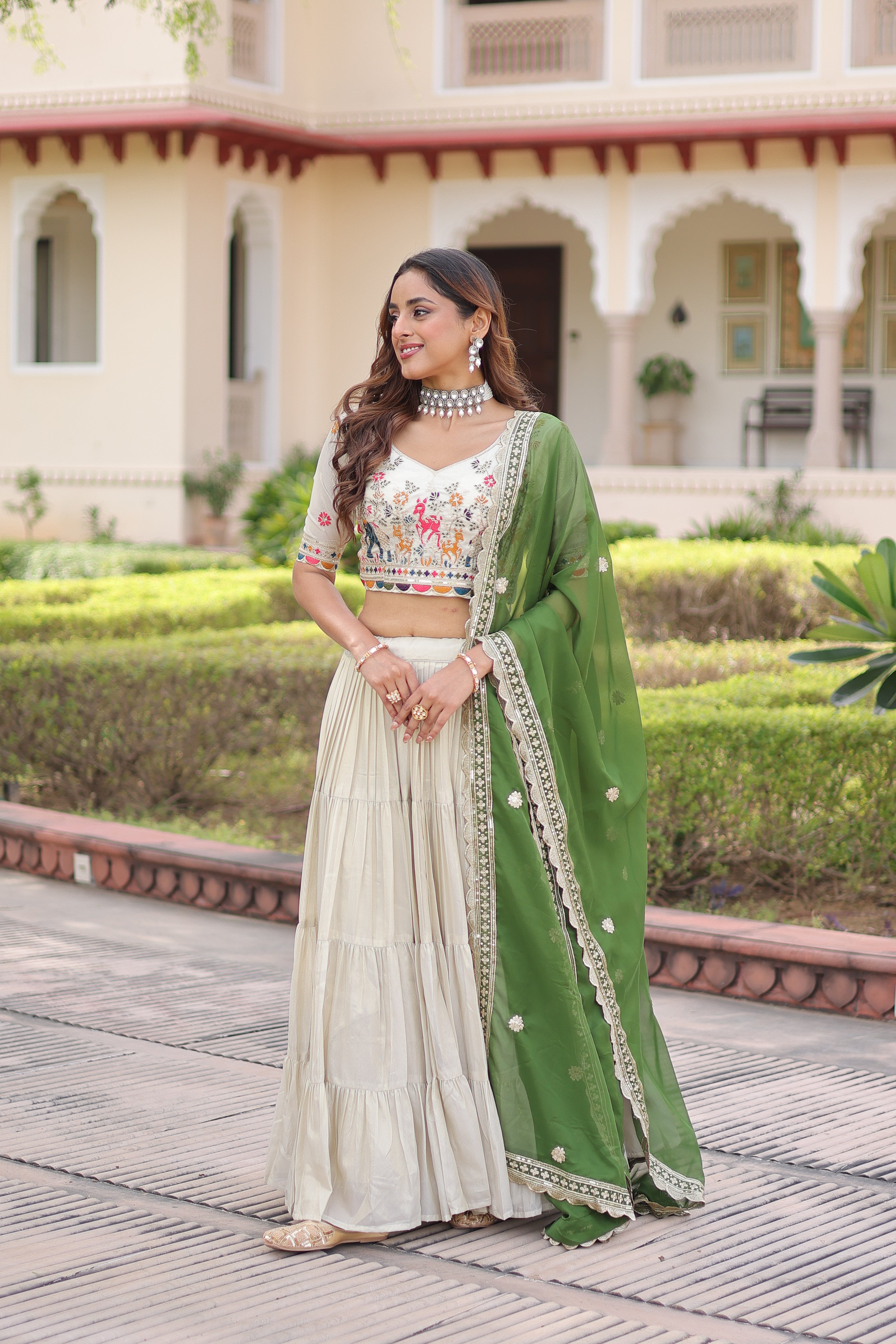 Off-White Silk Embroidered Wedding Lehenga Choli for Women