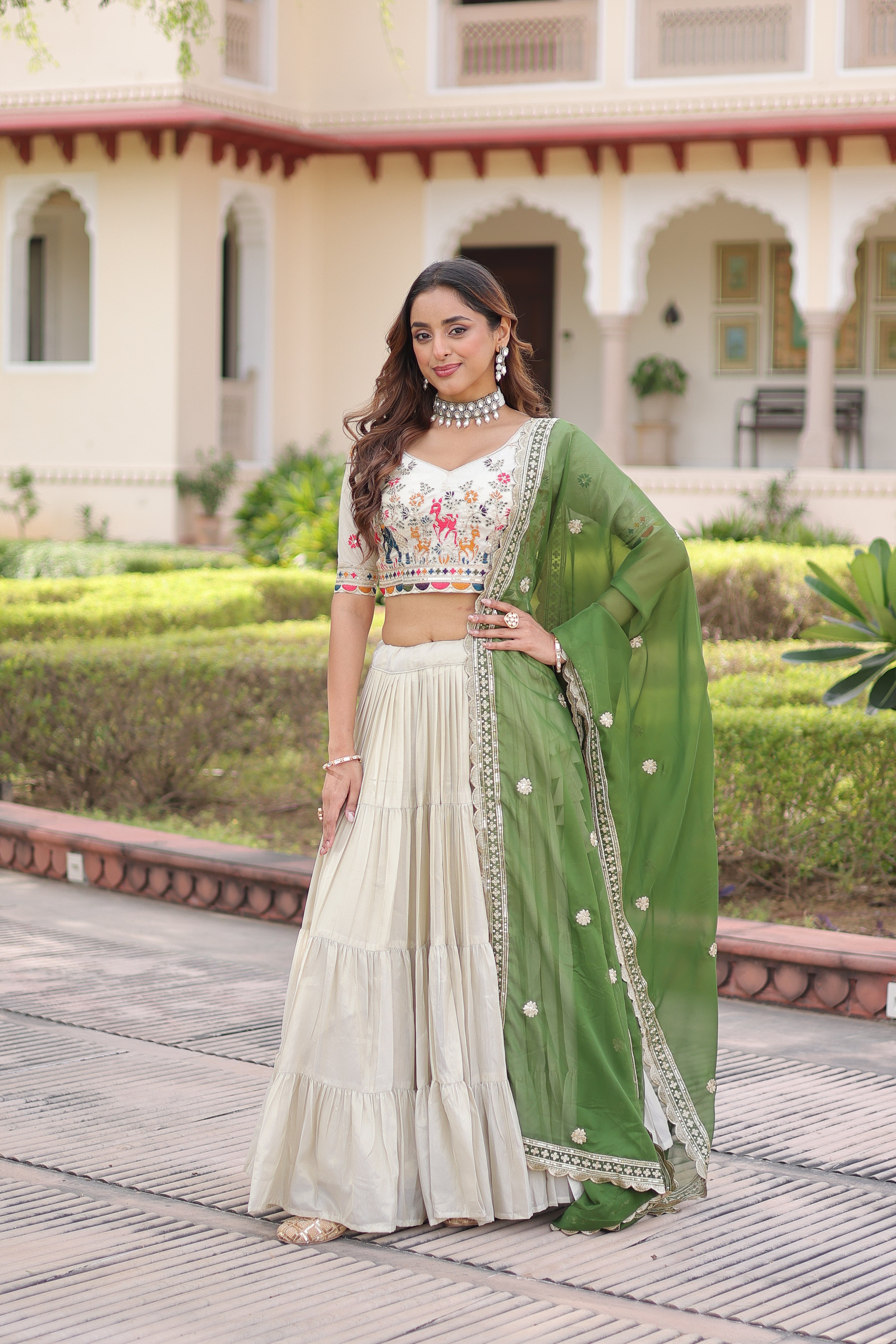 Off-White Silk Embroidered Wedding Lehenga Choli for Women