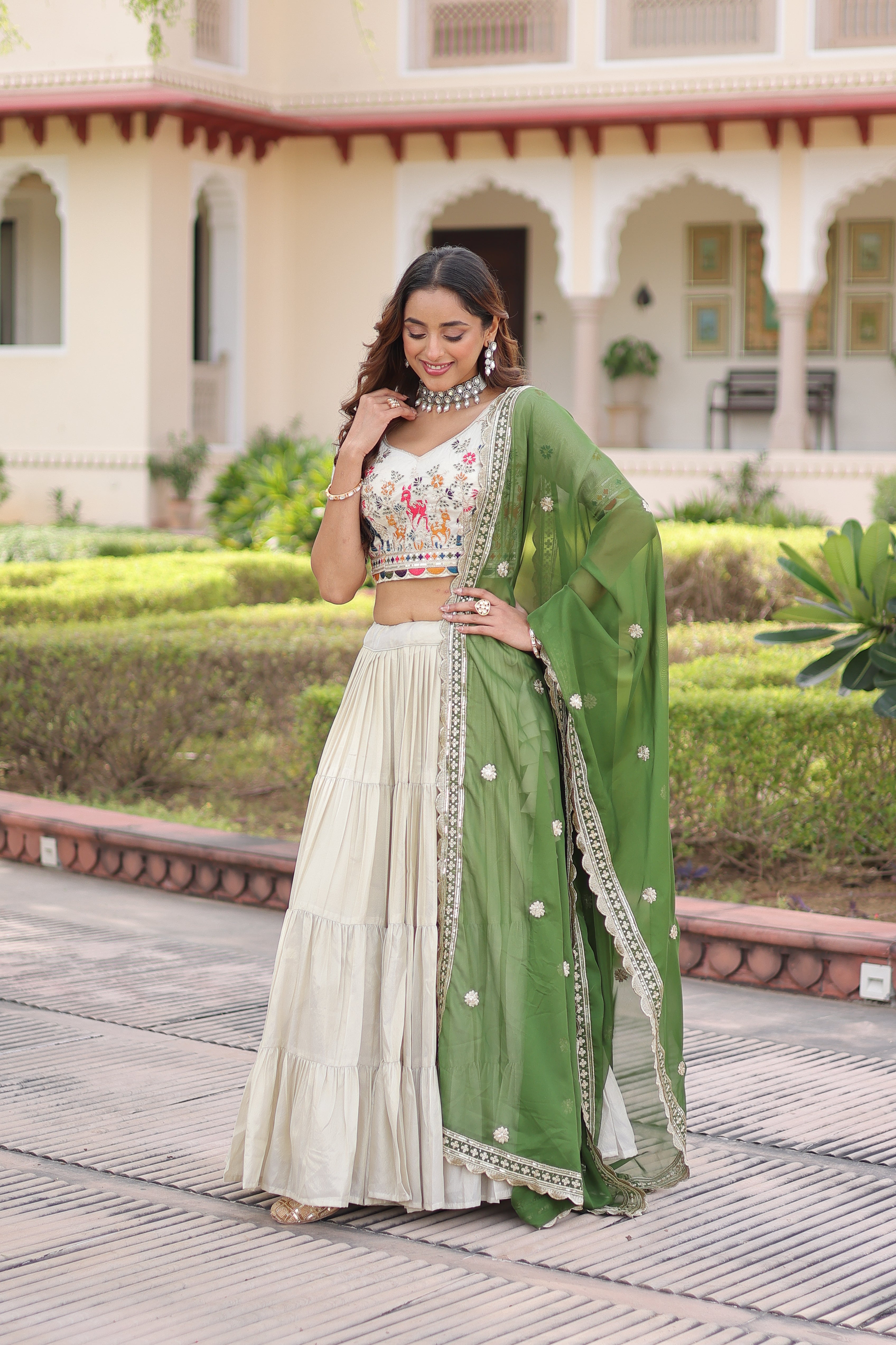 Off-White Silk Embroidered Wedding Lehenga Choli for Women