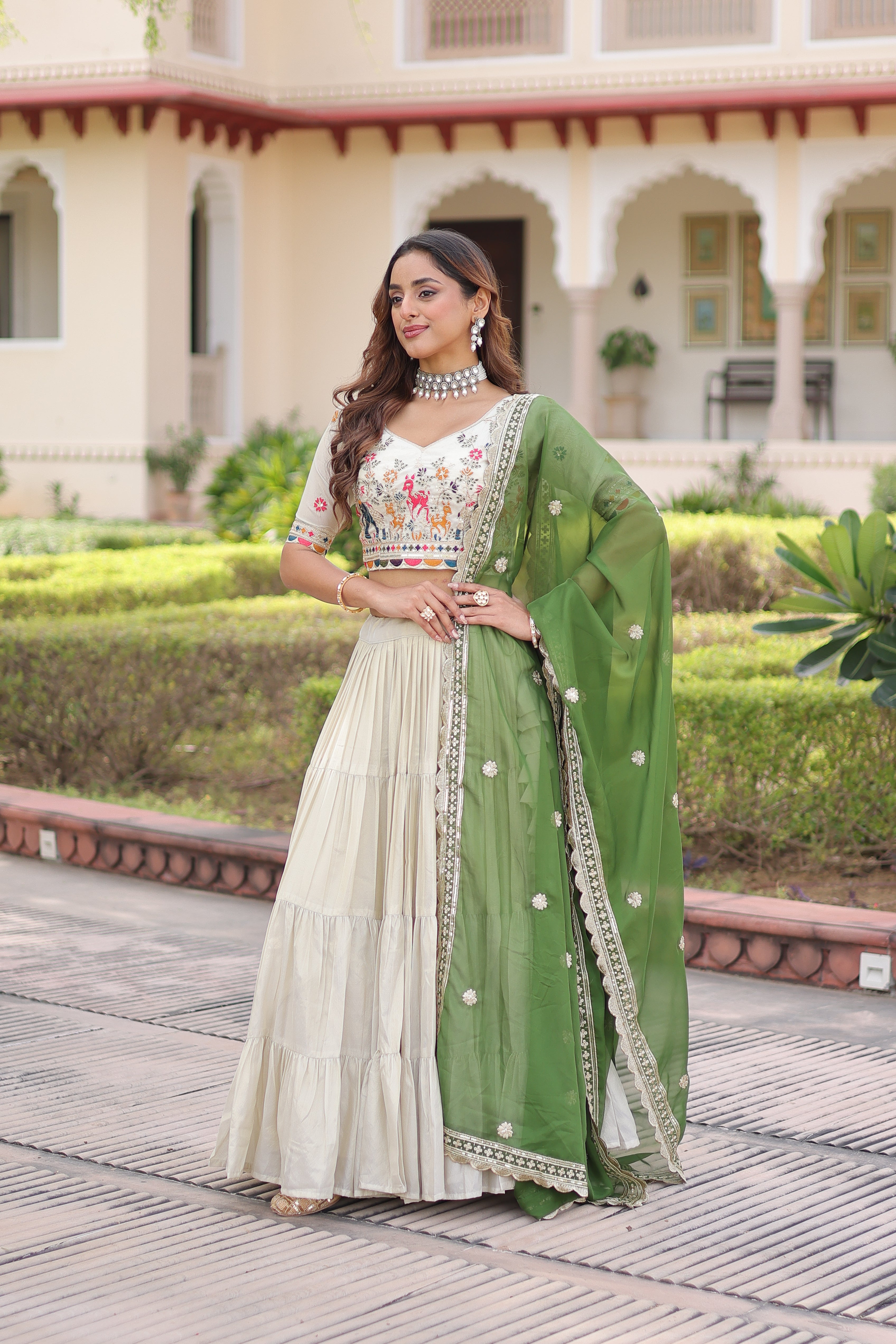 Off-White Silk Embroidered Wedding Lehenga Choli for Women