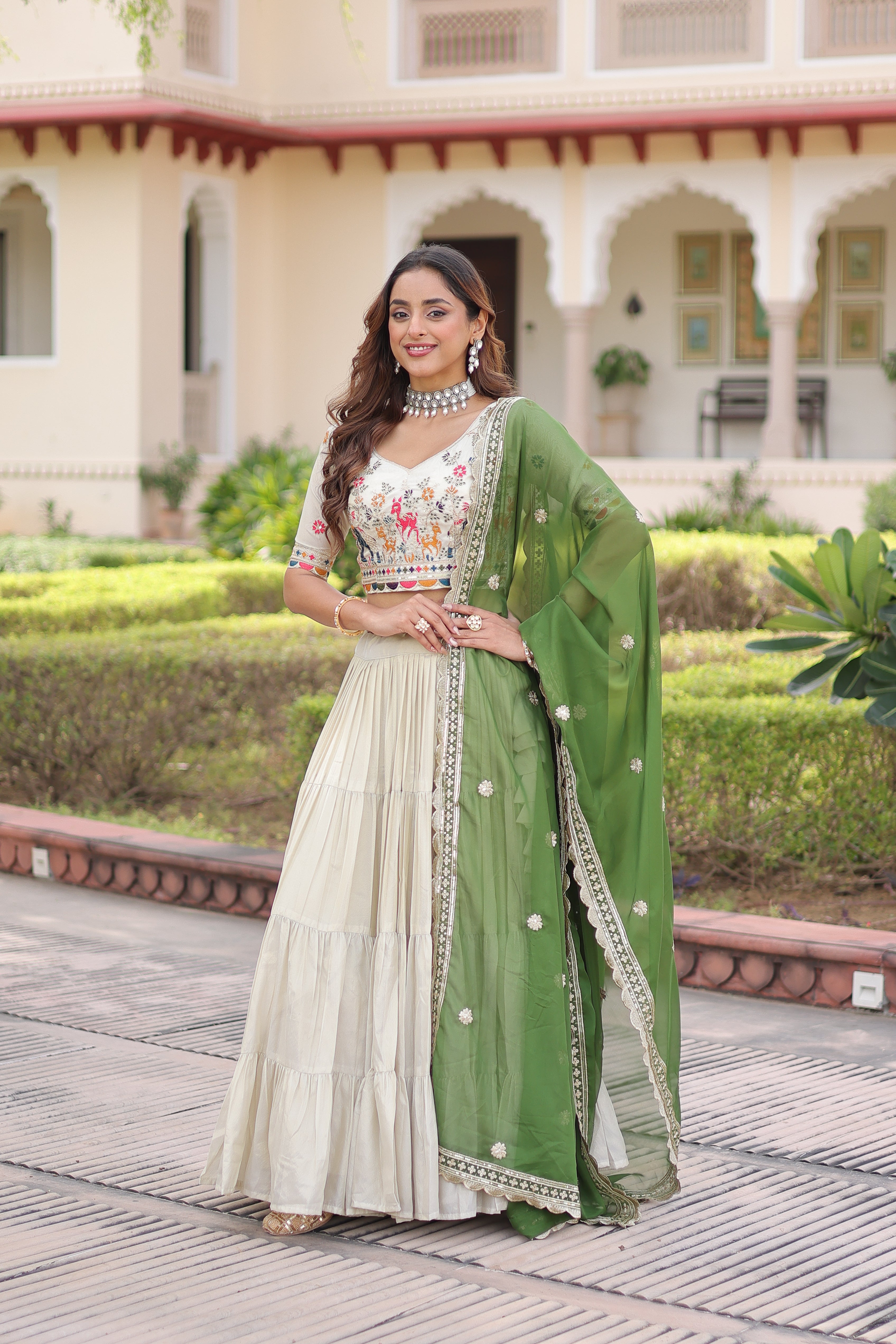 Off-White Silk Embroidered Wedding Lehenga Choli for Women