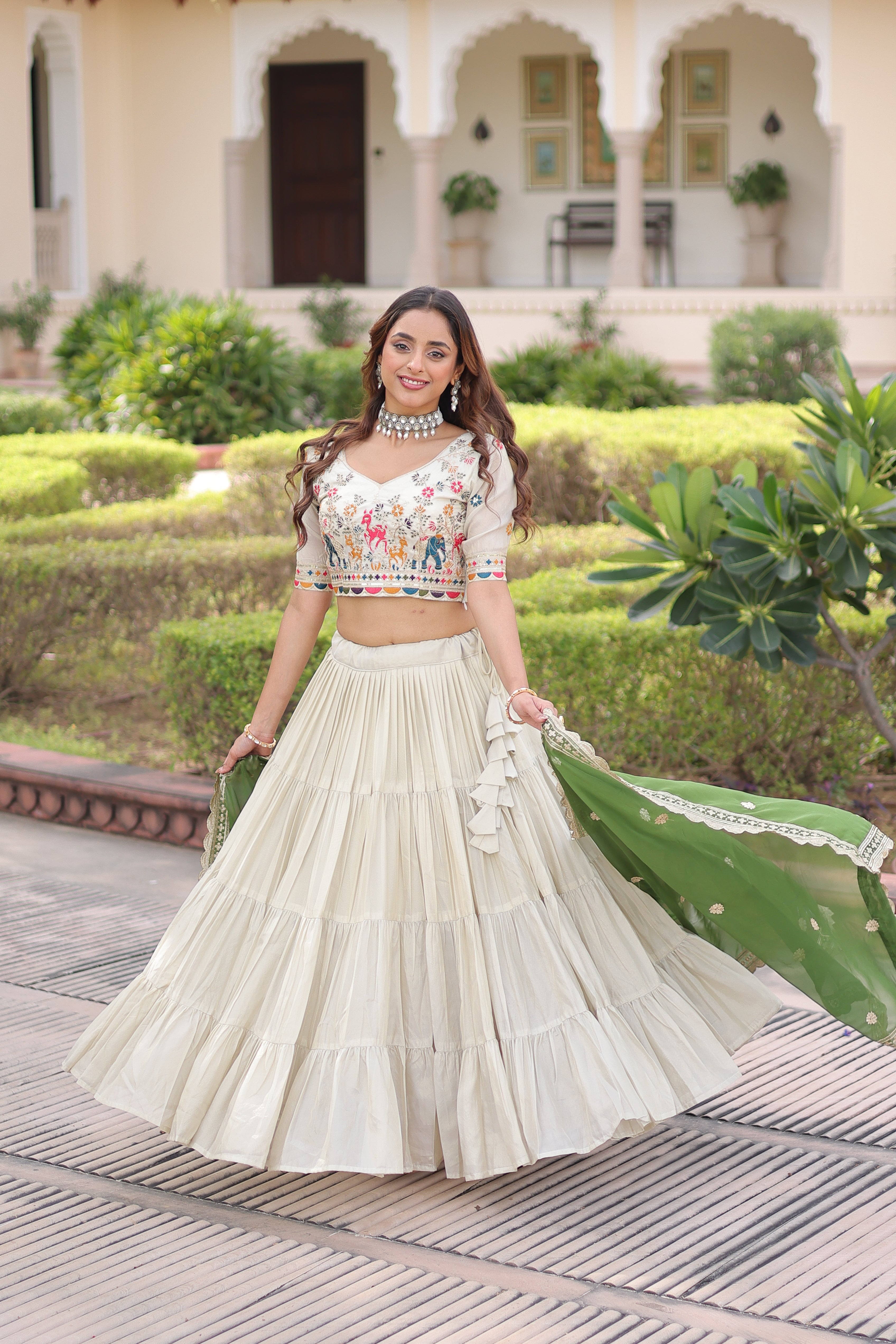 Off-White Silk Embroidered Wedding Lehenga Choli for Women