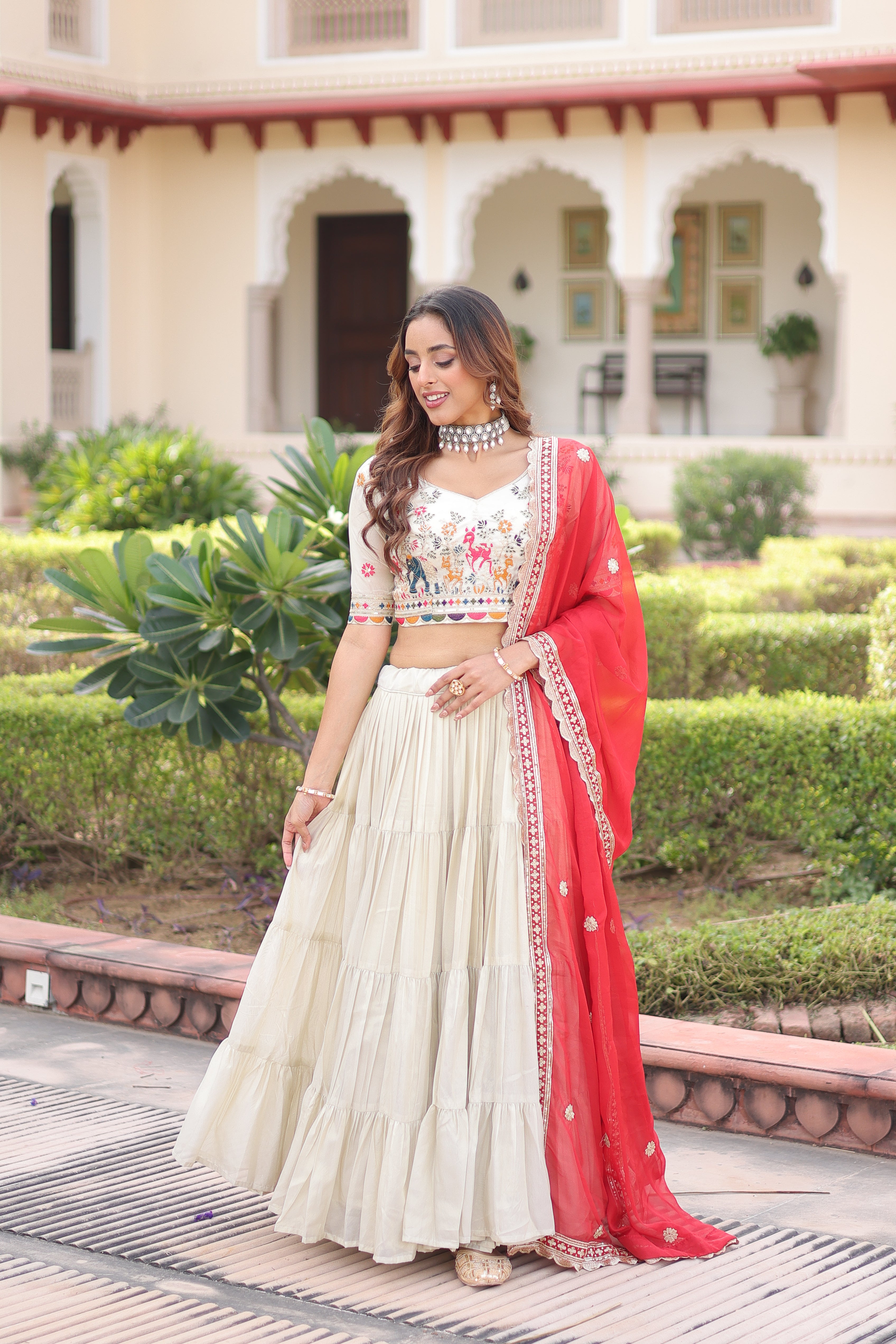 Off-White Silk Embroidered Wedding Lehenga Choli for Women