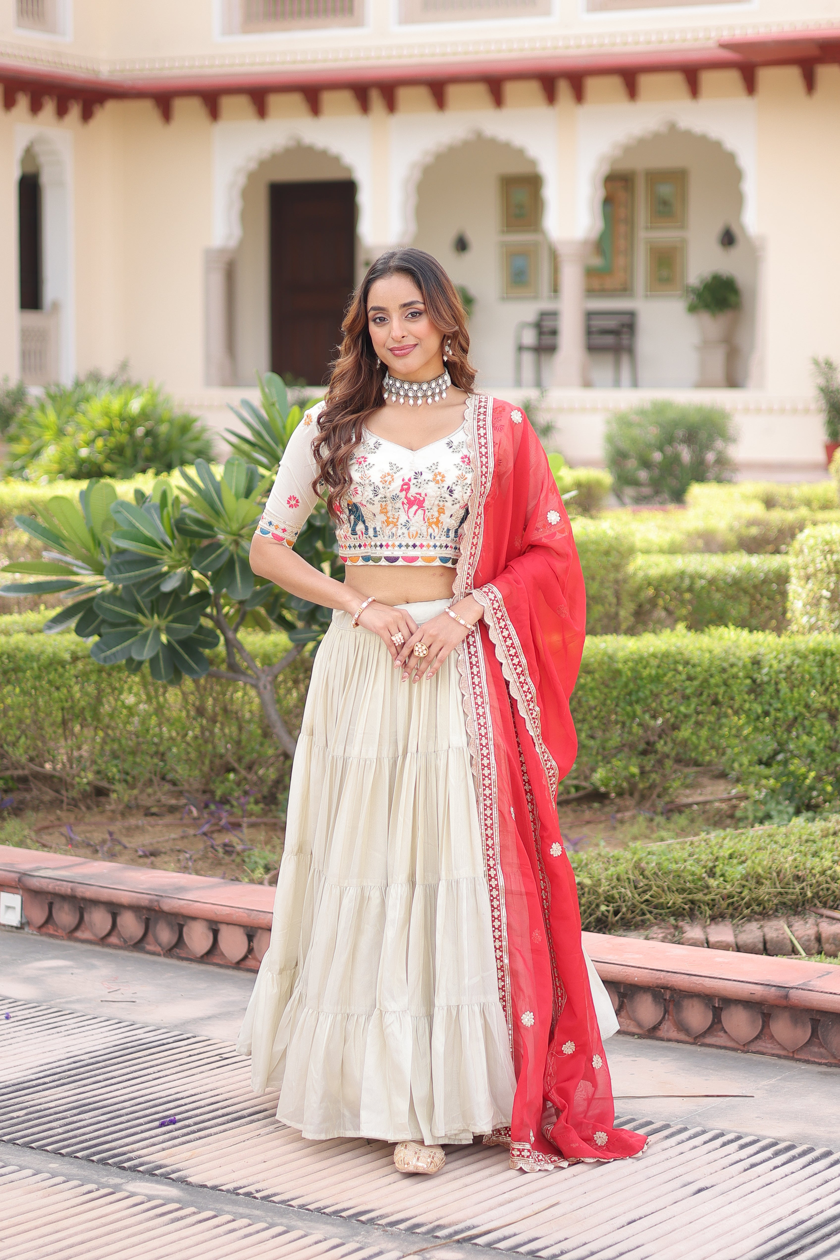 Off-White Silk Embroidered Wedding Lehenga Choli for Women