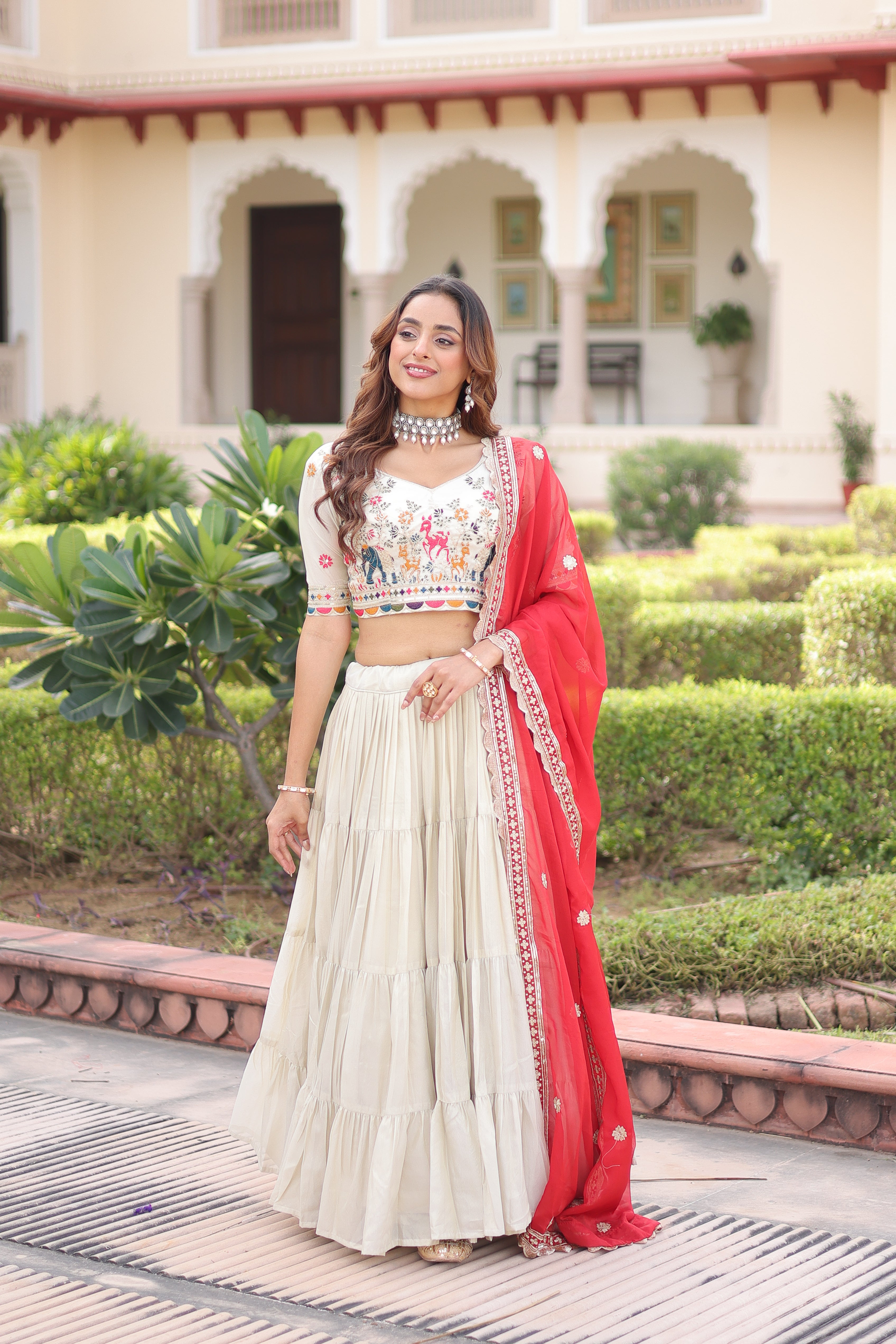 Off-White Silk Embroidered Wedding Lehenga Choli for Women