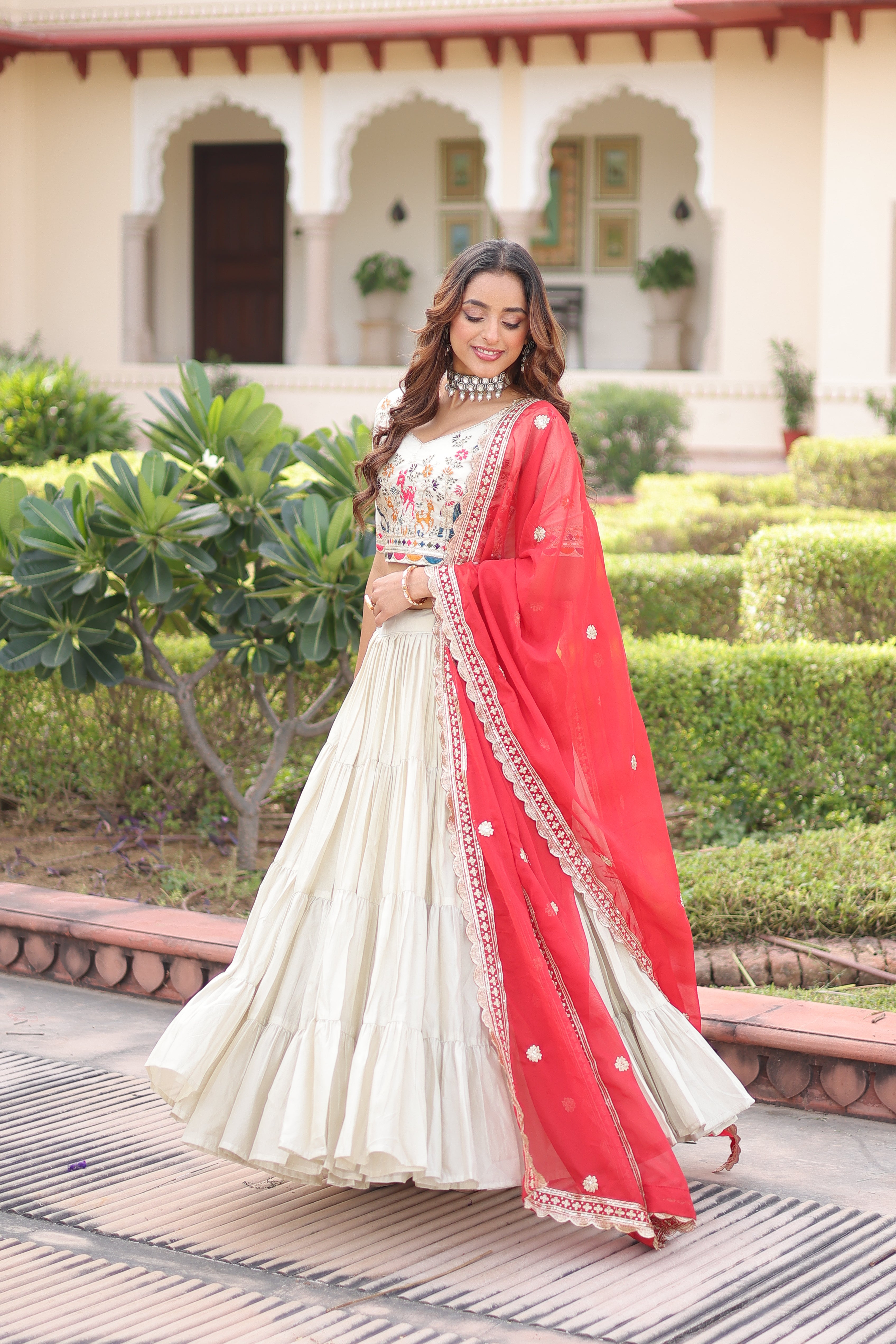 Off-White Silk Embroidered Wedding Lehenga Choli for Women