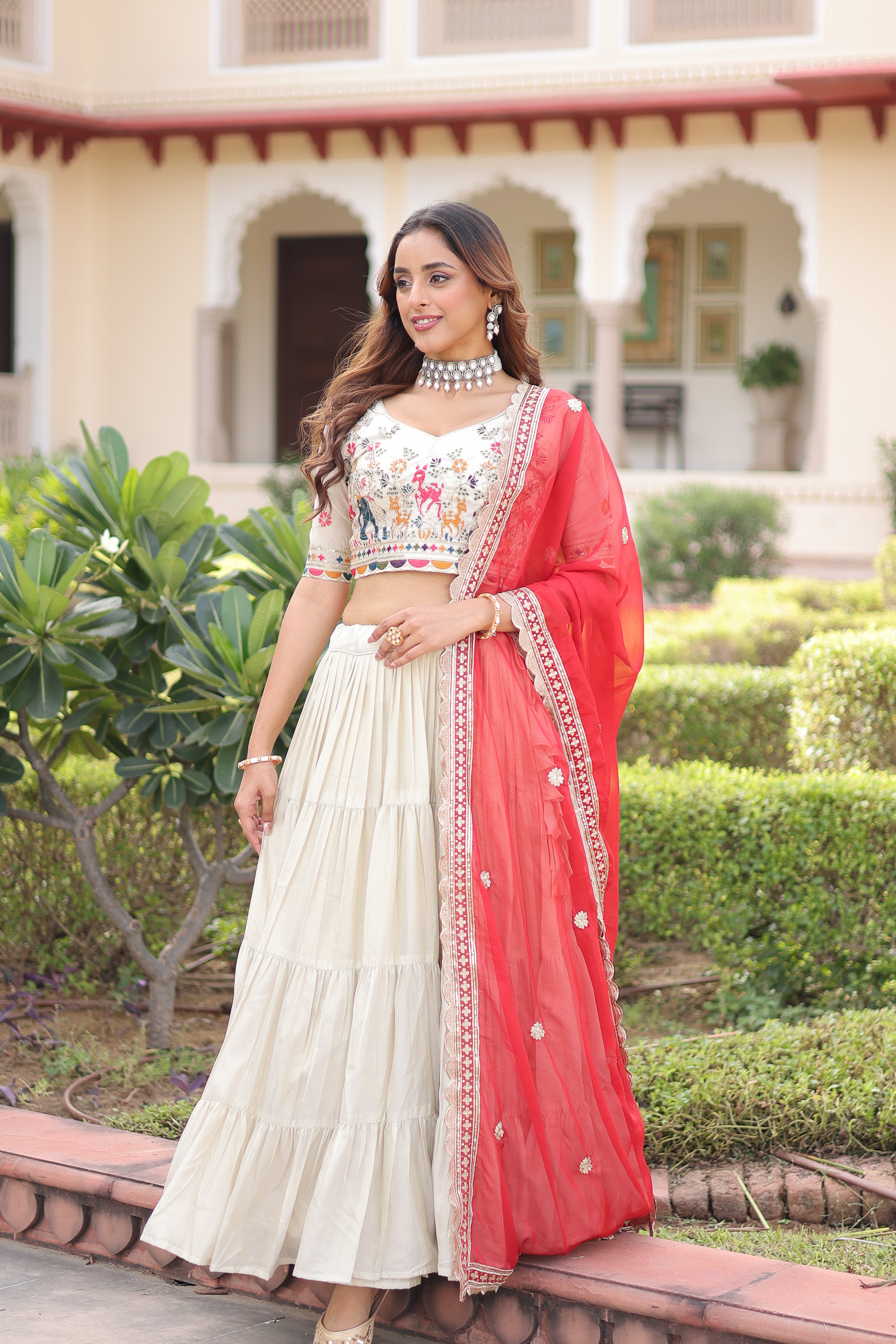 Off-White Silk Embroidered Wedding Lehenga Choli for Women