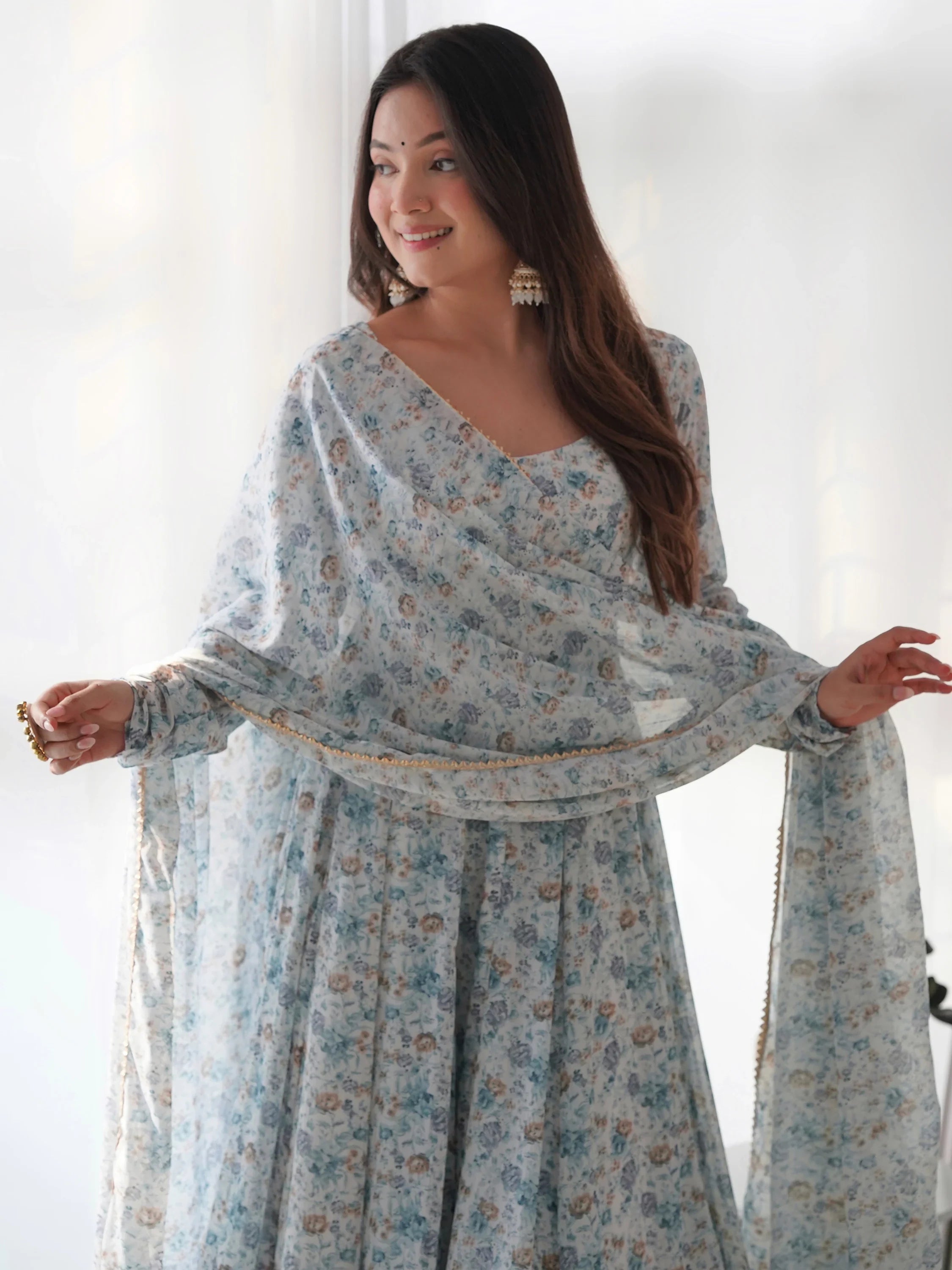 Off White Lovable Digital Printed Chiffon Festival Wear Anarkali Suit for Women