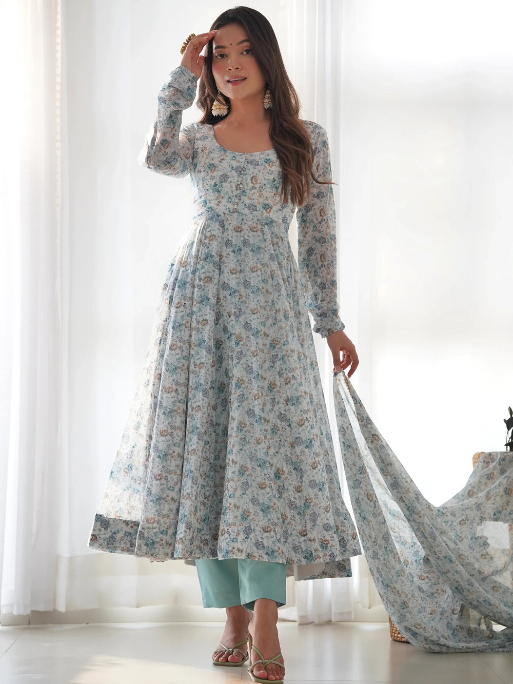 Off White Lovable Digital Printed Chiffon Festival Wear Anarkali Suit for Women