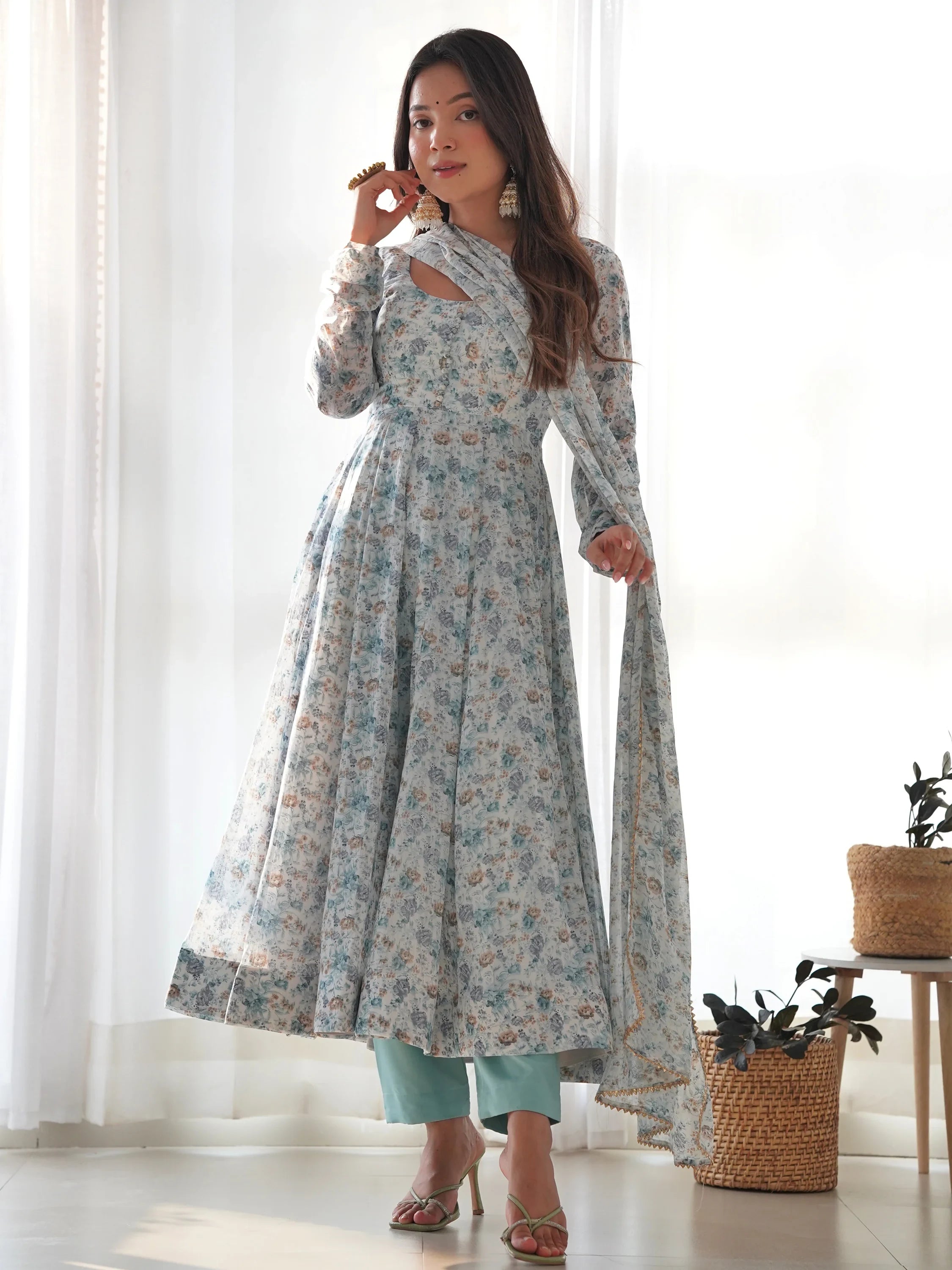 Off White Lovable Digital Printed Chiffon Festival Wear Anarkali Suit for Women