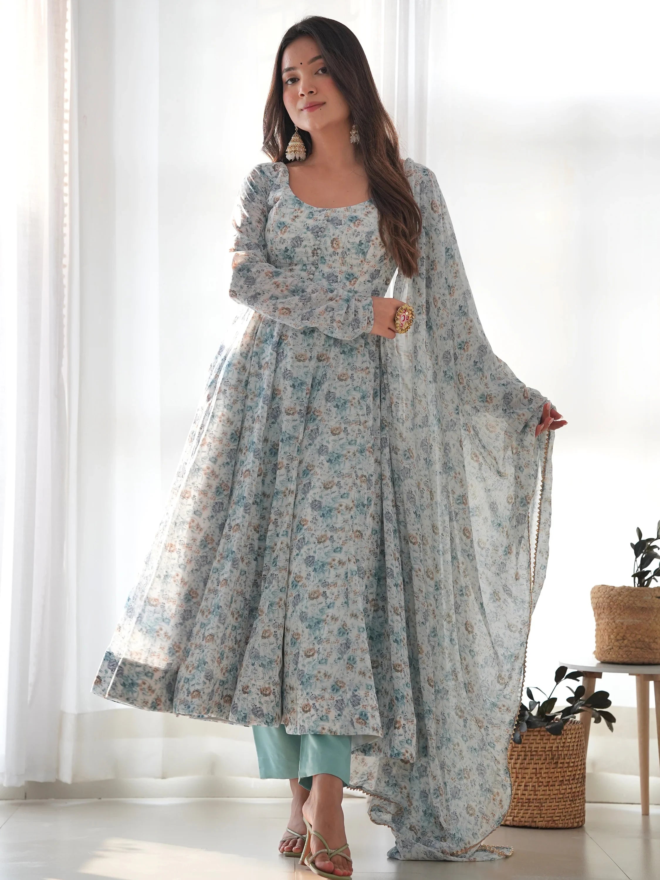 Off White Lovable Digital Printed Chiffon Festival Wear Anarkali Suit for Women