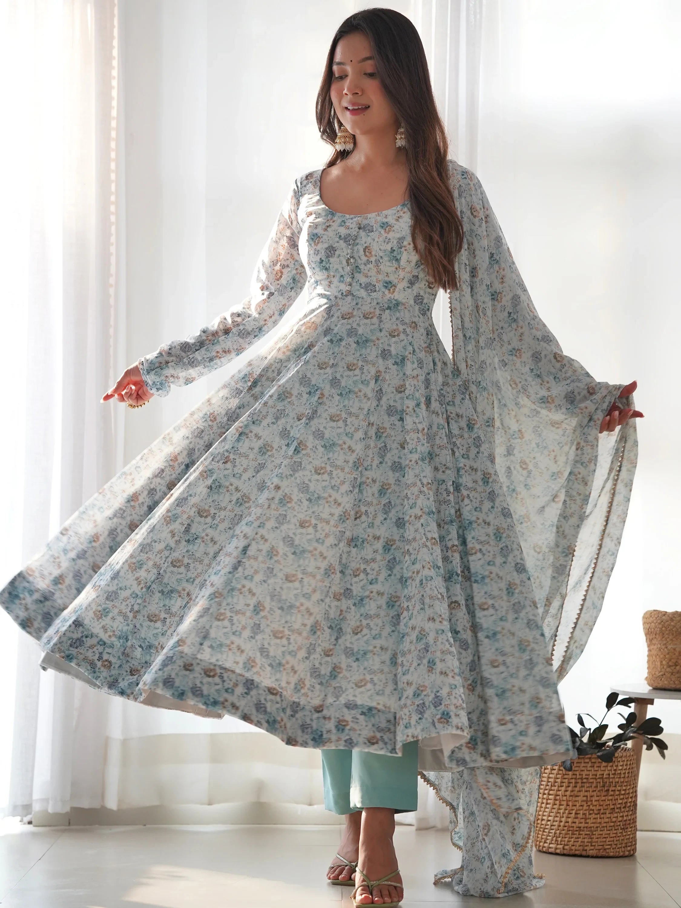 Off White Lovable Digital Printed Chiffon Festival Wear Anarkali Suit for Women