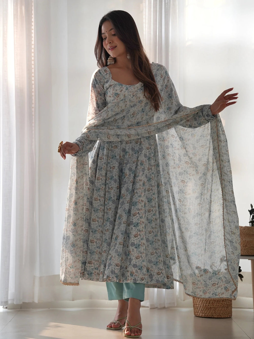 Off White Lovable Digital Printed Chiffon Festival Wear Anarkali Suit for Women