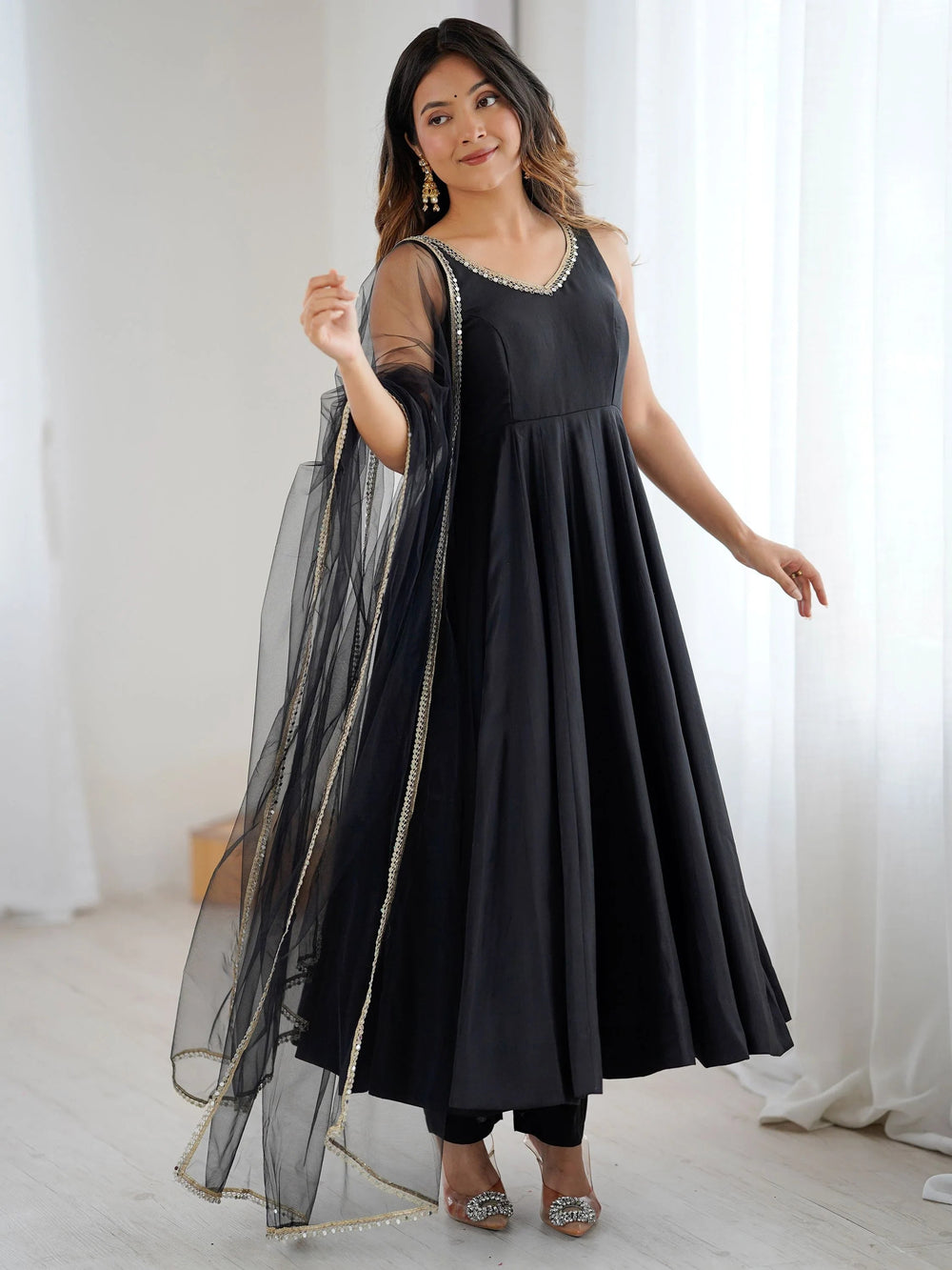 Black Lace Work Silk Festive Wear Anarkali Suit for Women