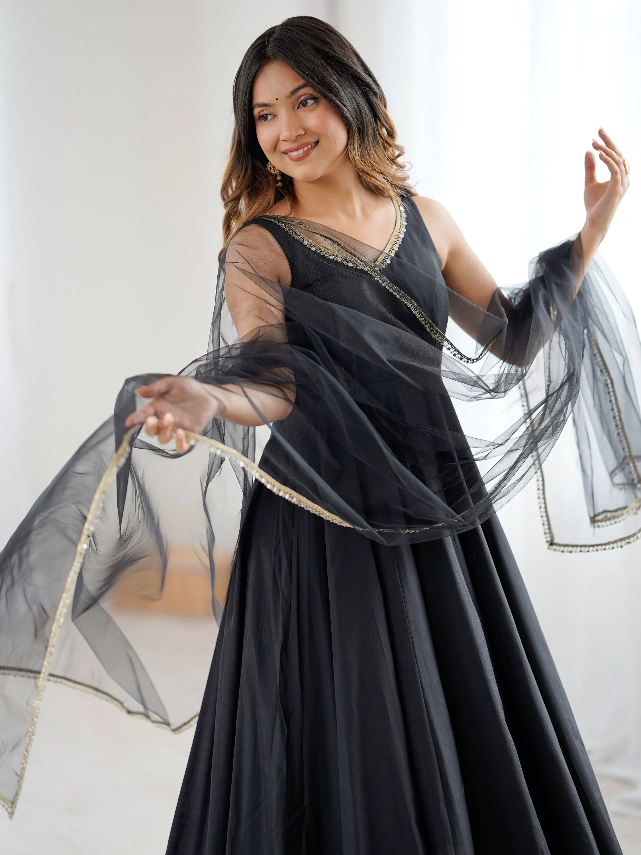 Black Lace Work Silk Festive Wear Anarkali Suit for Women