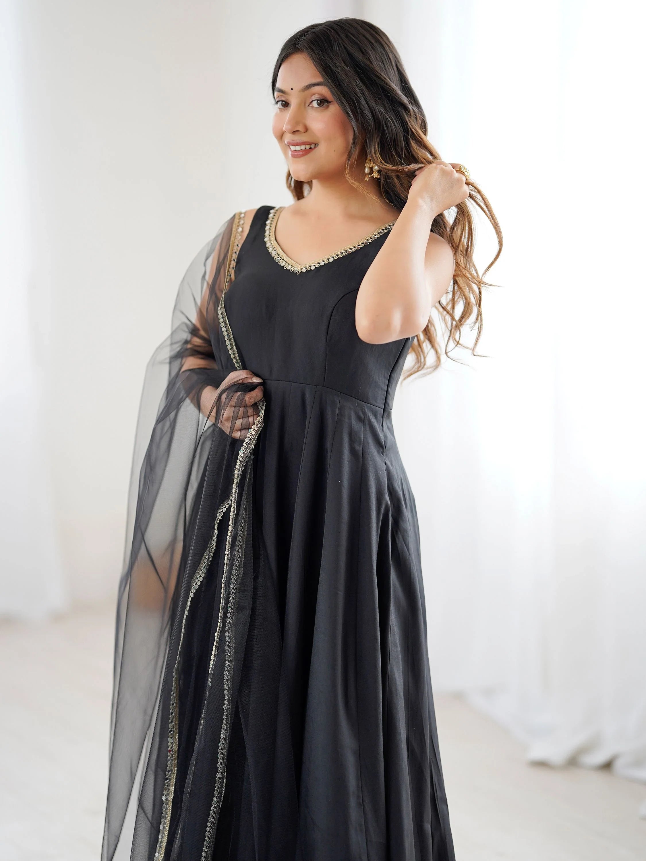 Black Lace Work Silk Festive Wear Anarkali Suit for Women