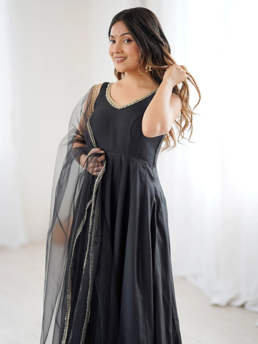 Black Lace Work Silk Festive Wear Anarkali Suit for Women