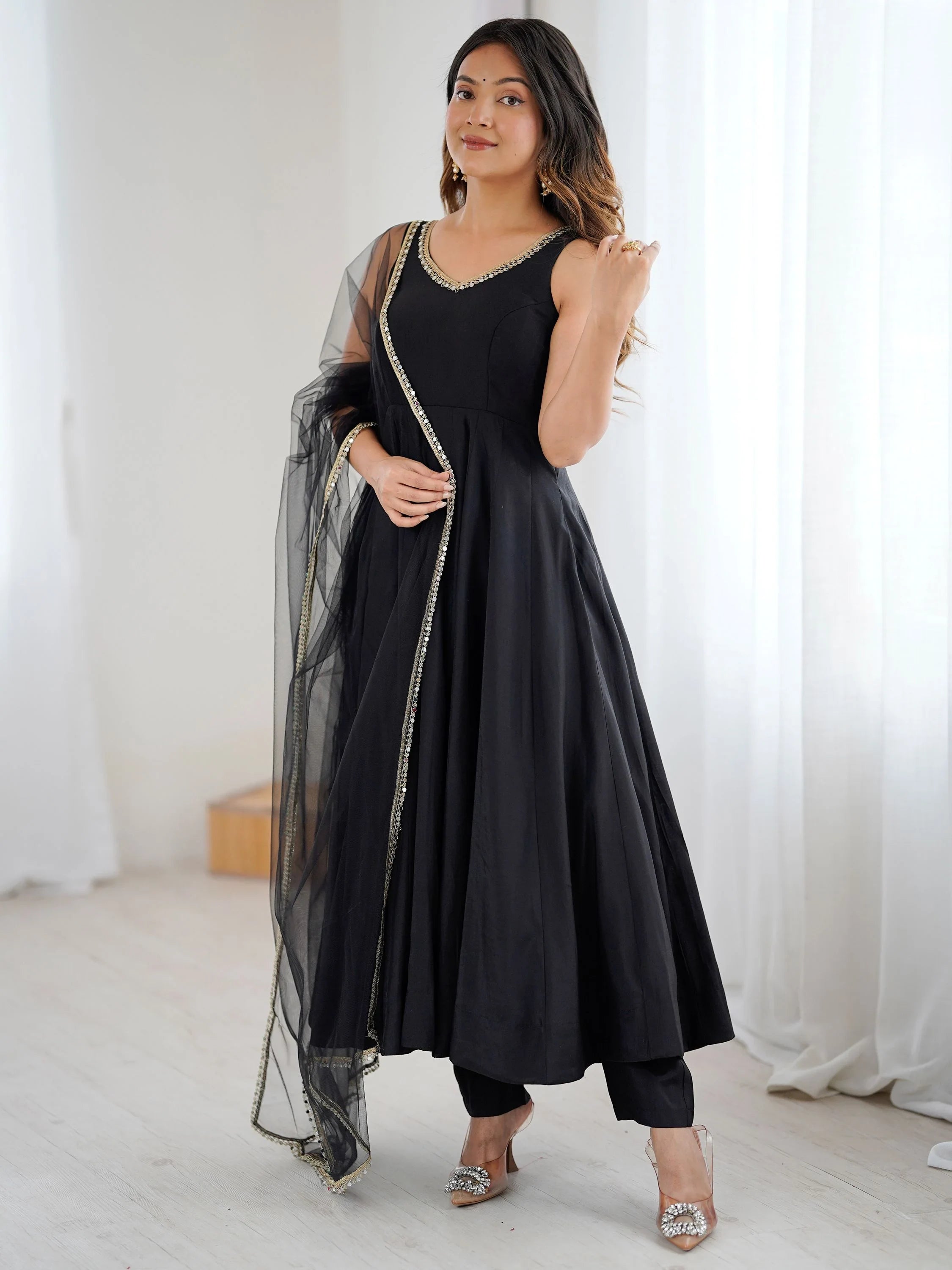 Black Lace Work Silk Festive Wear Anarkali Suit for Women