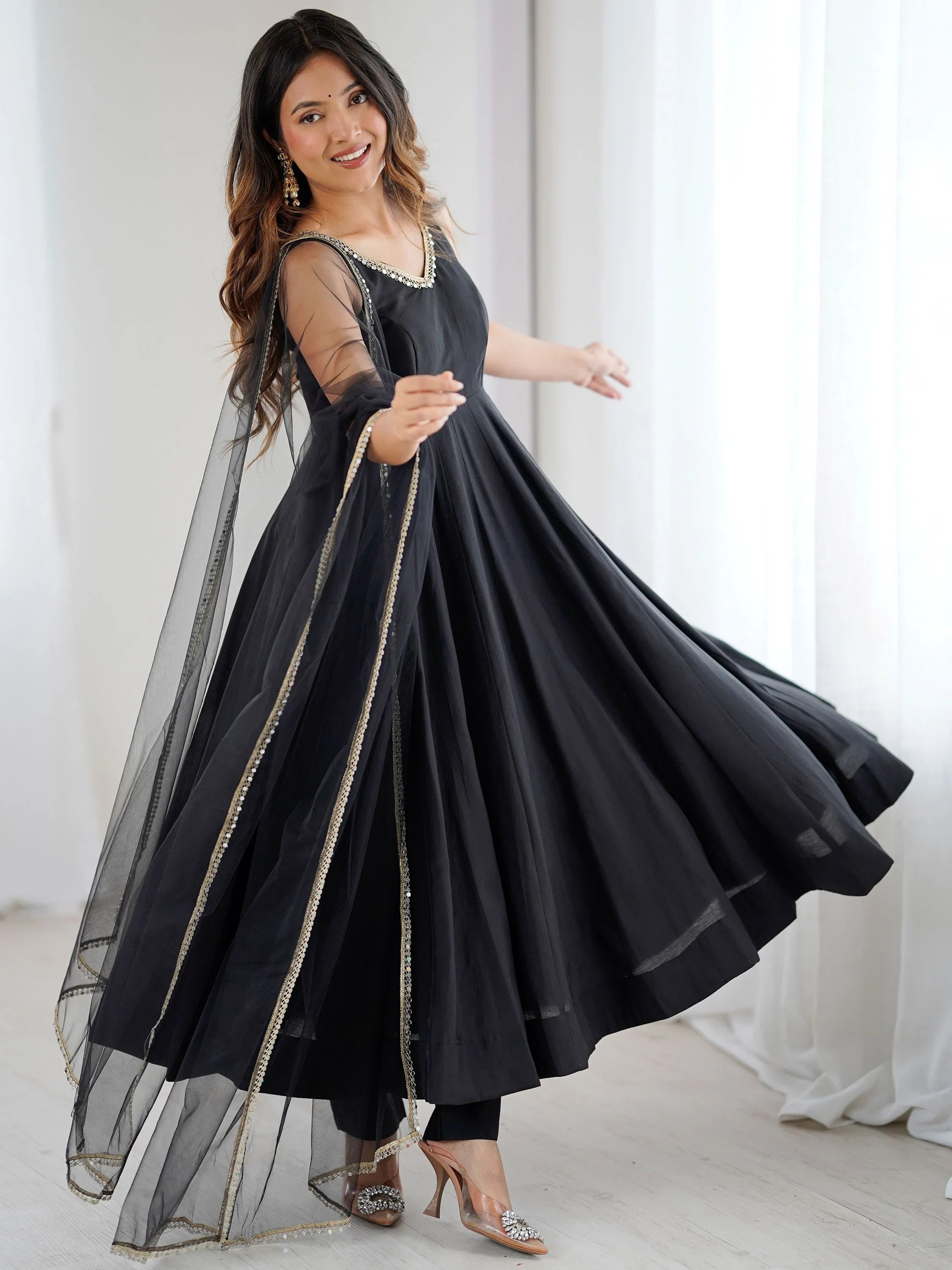 Black Lace Work Silk Festive Wear Anarkali Suit for Women