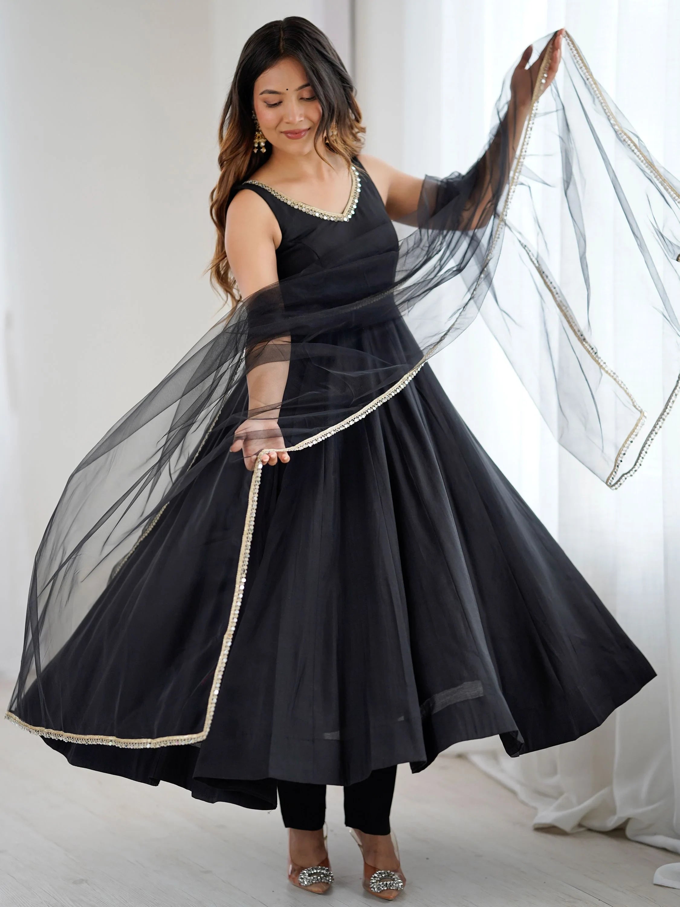 Black Lace Work Silk Festive Wear Anarkali Suit for Women