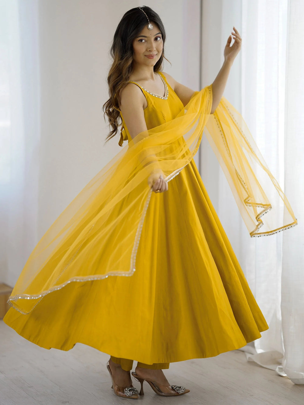 Yellow Lace Work Silk Festive Wear Anarkali Suit for Women