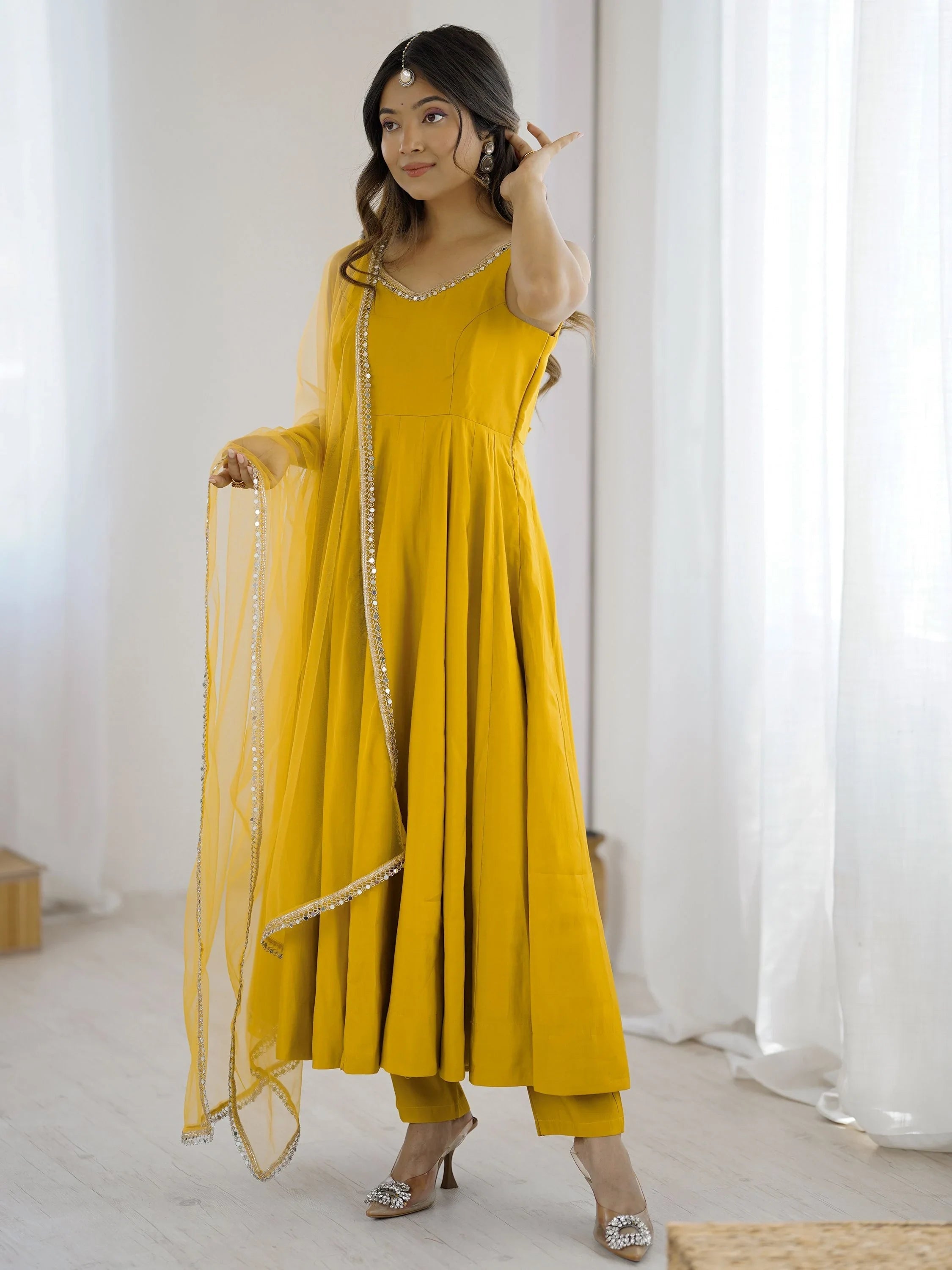 Yellow Lace Work Silk Festive Wear Anarkali Suit for Women