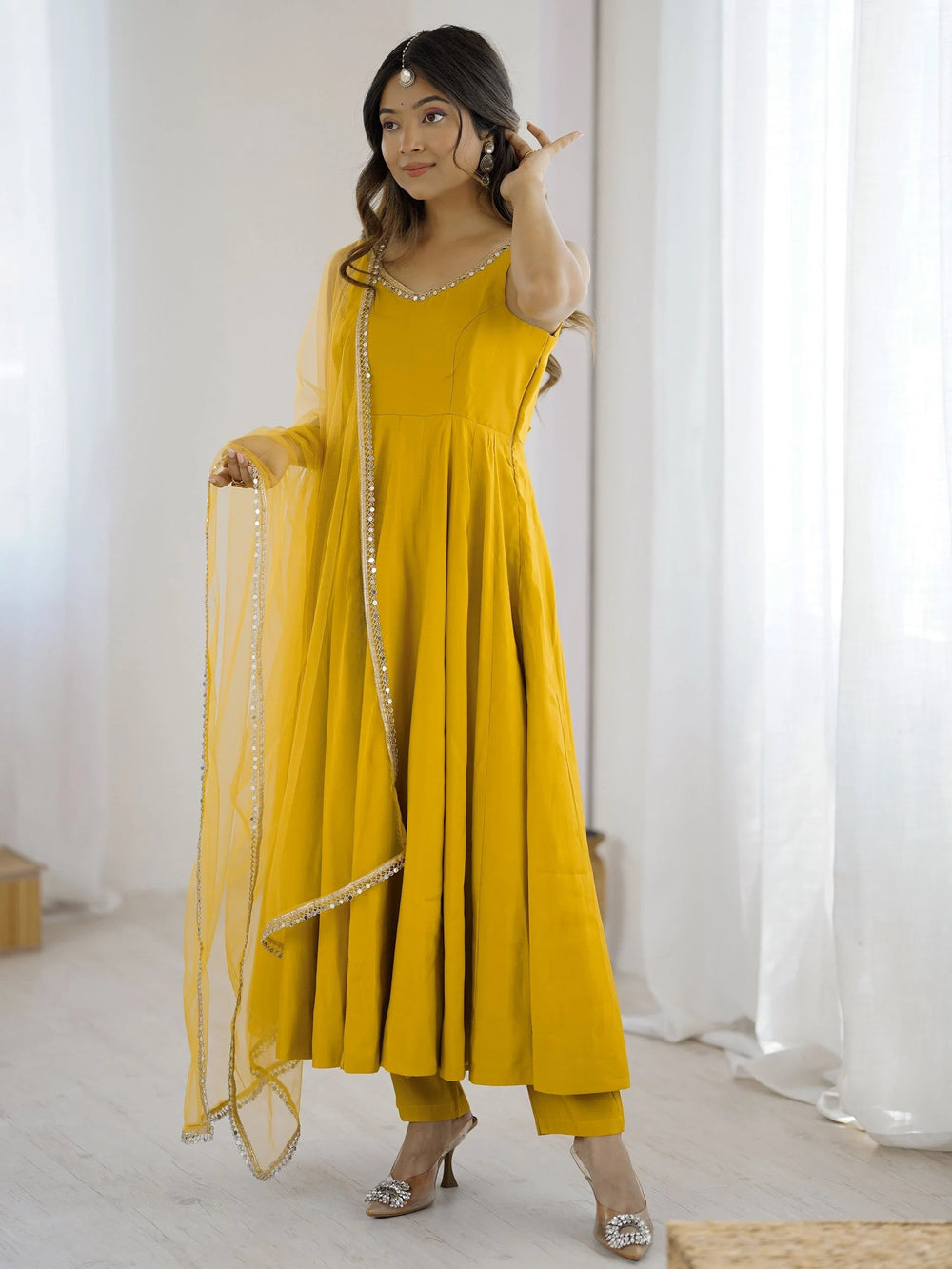 Yellow Lace Work Silk Festive Wear Anarkali Suit for Women