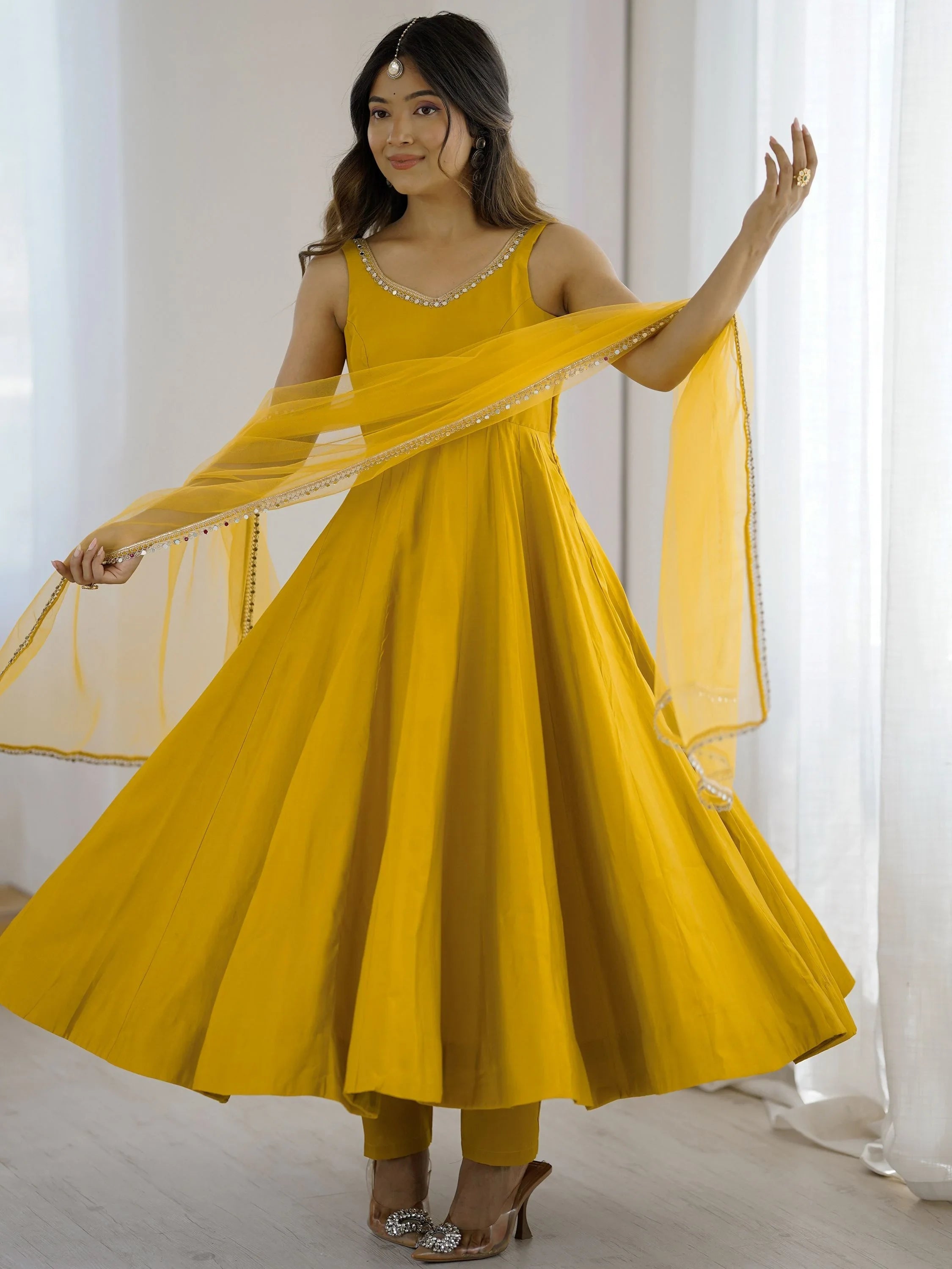 Yellow Lace Work Silk Festive Wear Anarkali Suit for Women