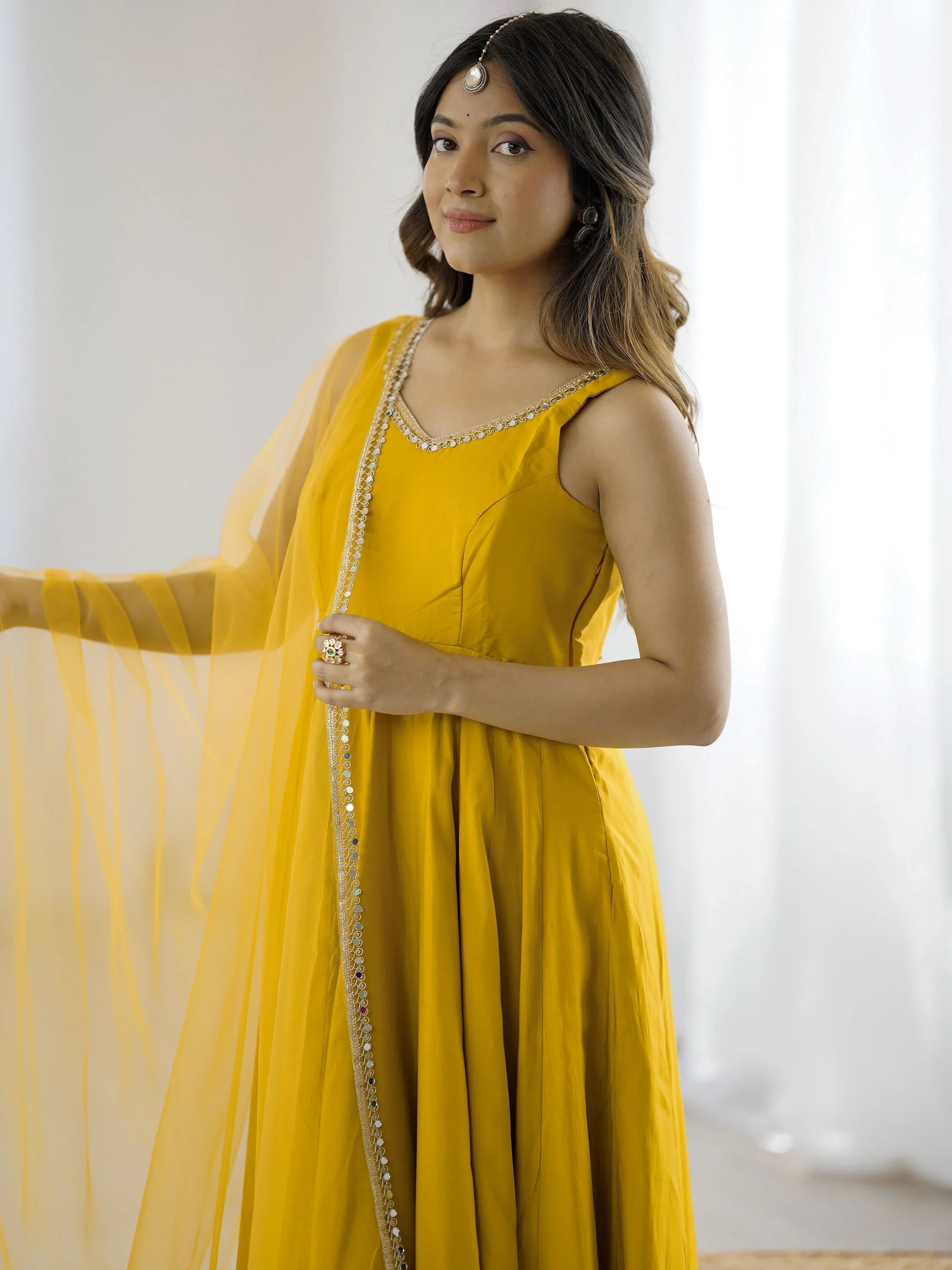 Yellow Lace Work Silk Festive Wear Anarkali Suit for Women