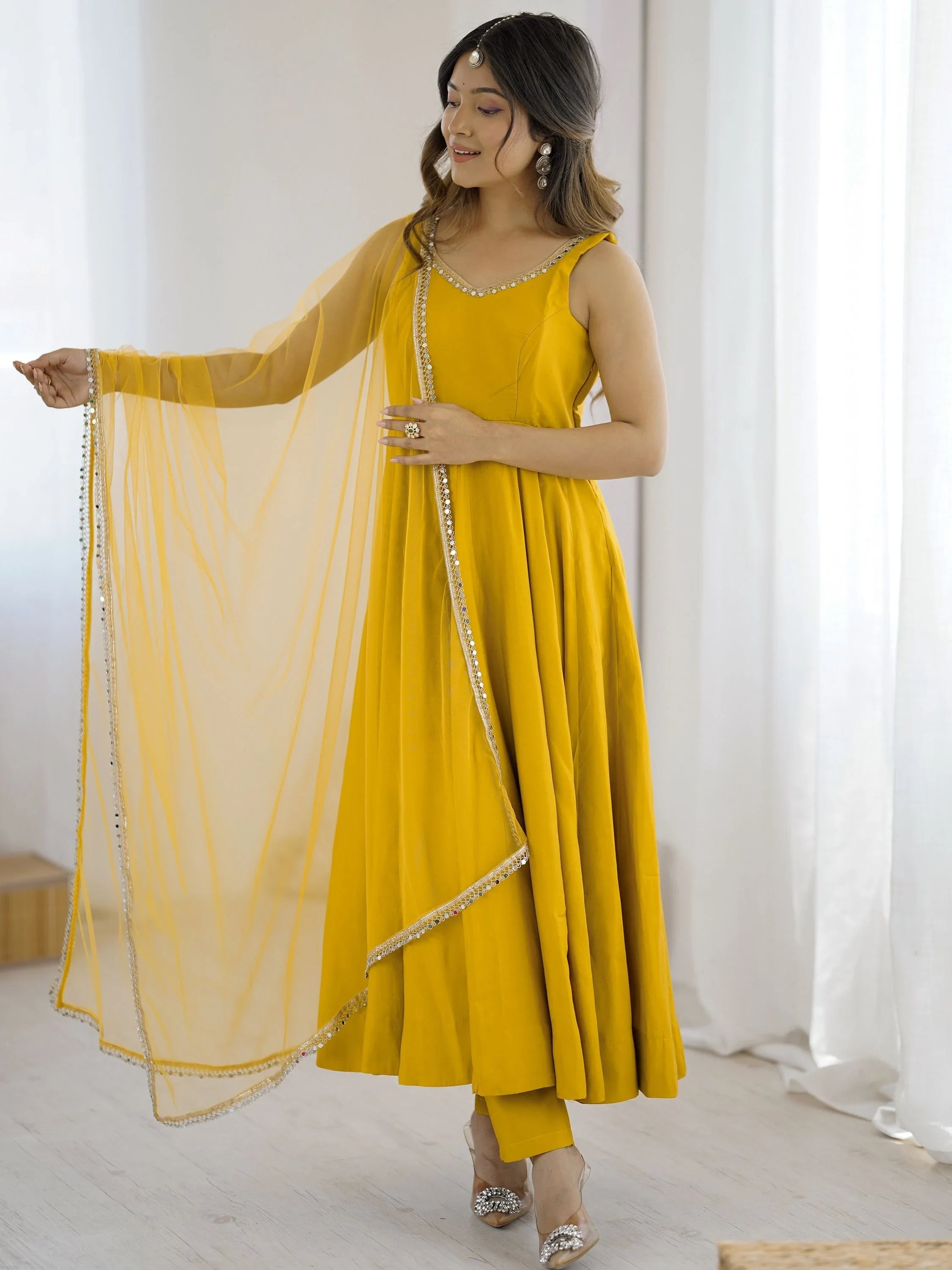 Yellow Lace Work Silk Festive Wear Anarkali Suit for Women