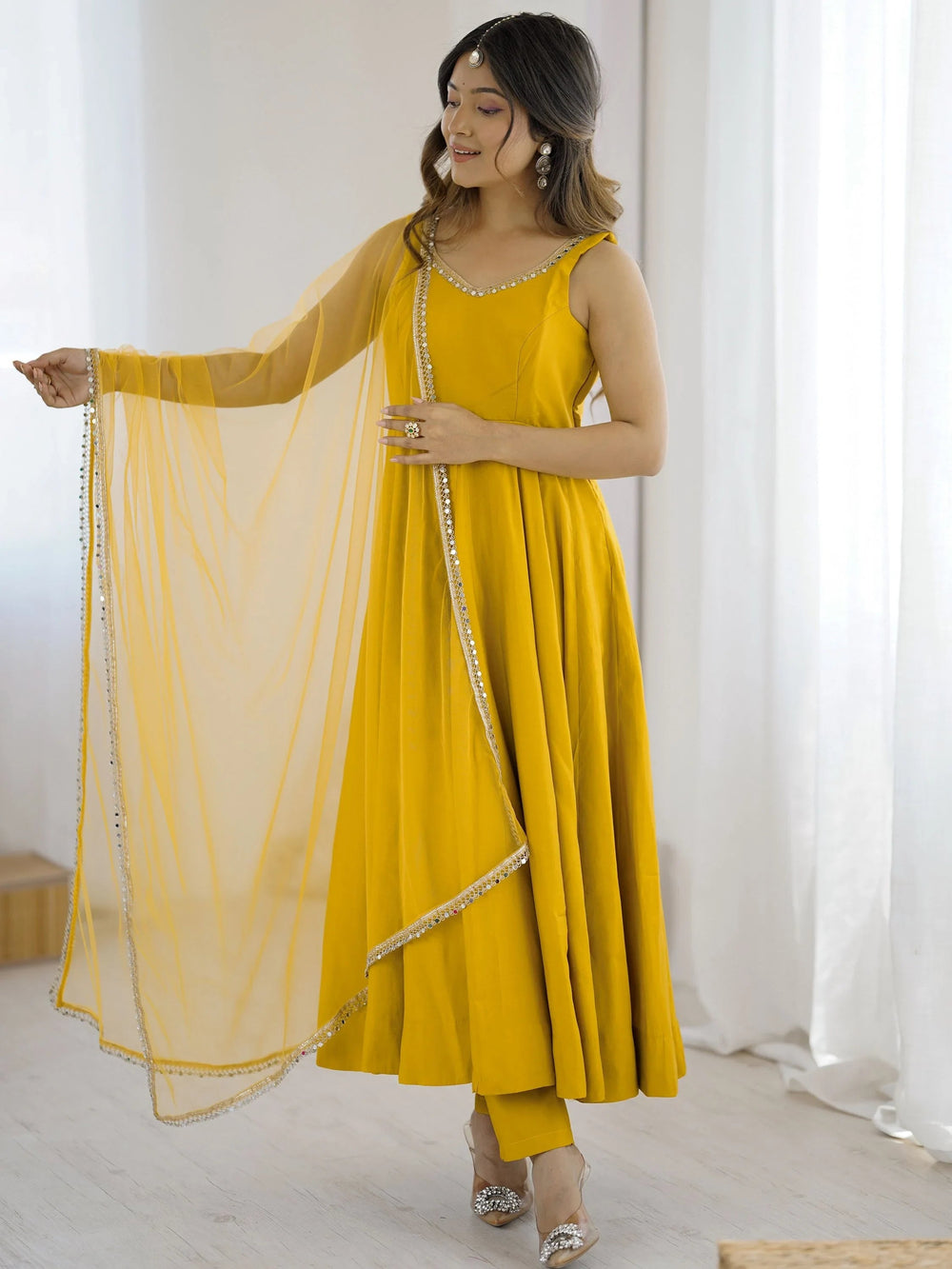 Yellow Lace Work Silk Festive Wear Anarkali Suit for Women