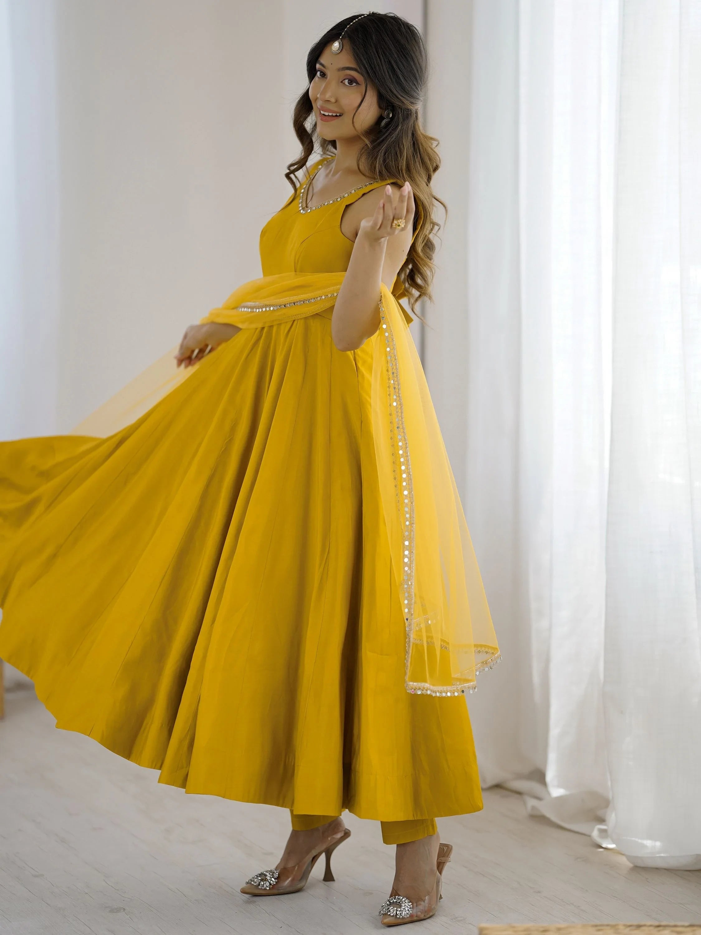 Yellow Lace Work Silk Festive Wear Anarkali Suit for Women