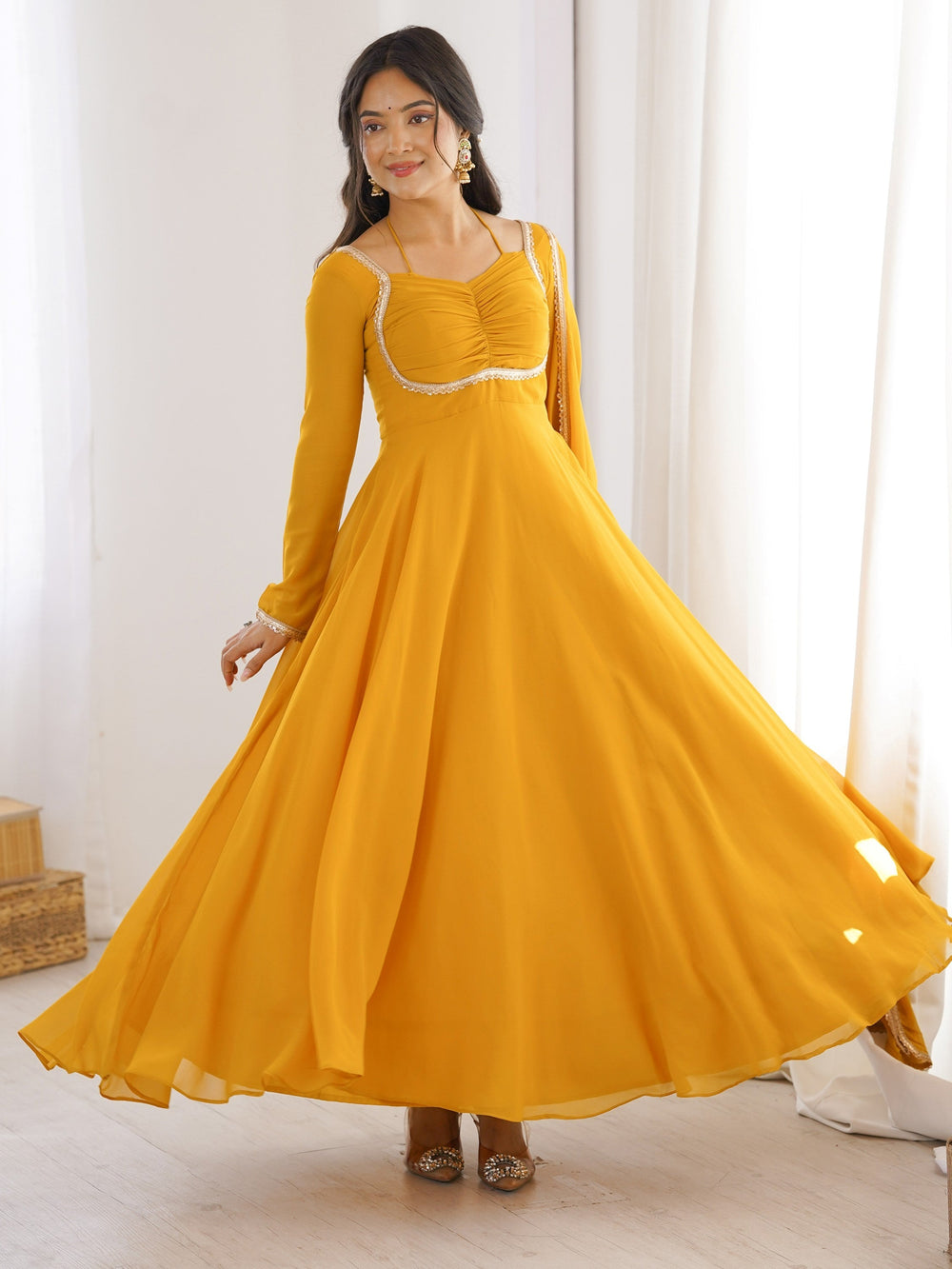 Yellow Georgette Festival Wear Gown With Dupatta for Women