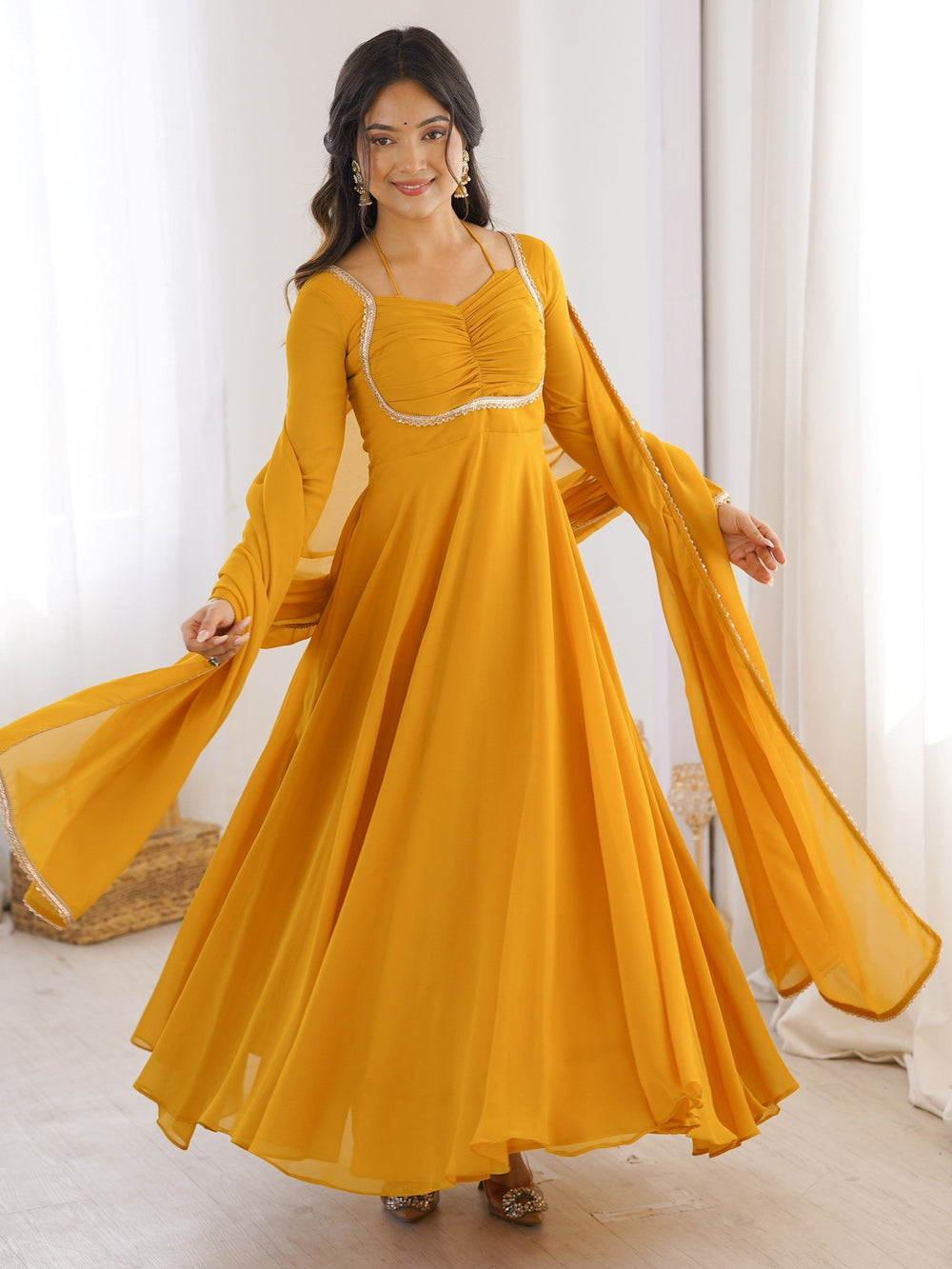 Yellow Georgette Festival Wear Gown With Dupatta for Women