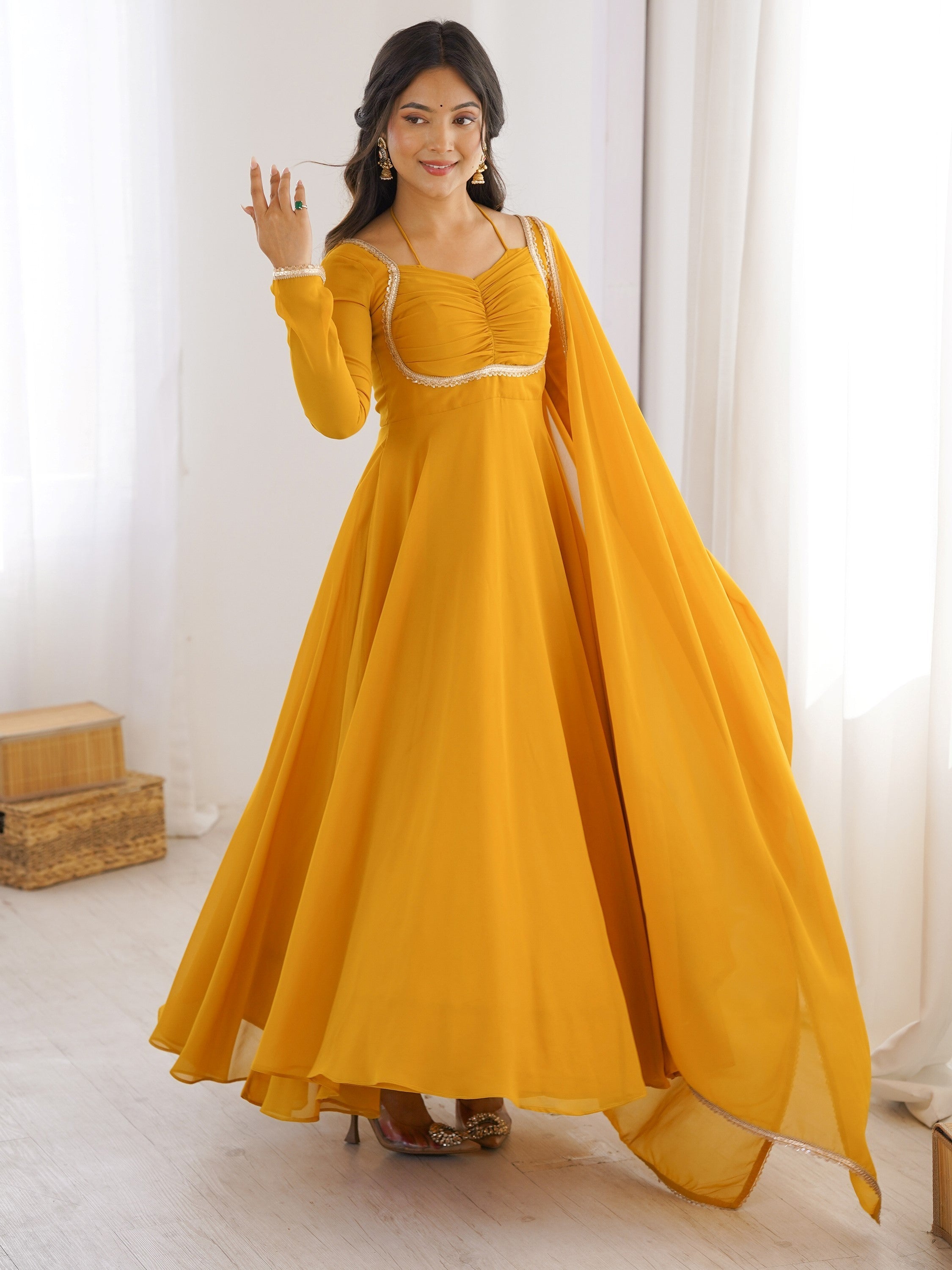 Yellow Georgette Festival Wear Gown With Dupatta for Women