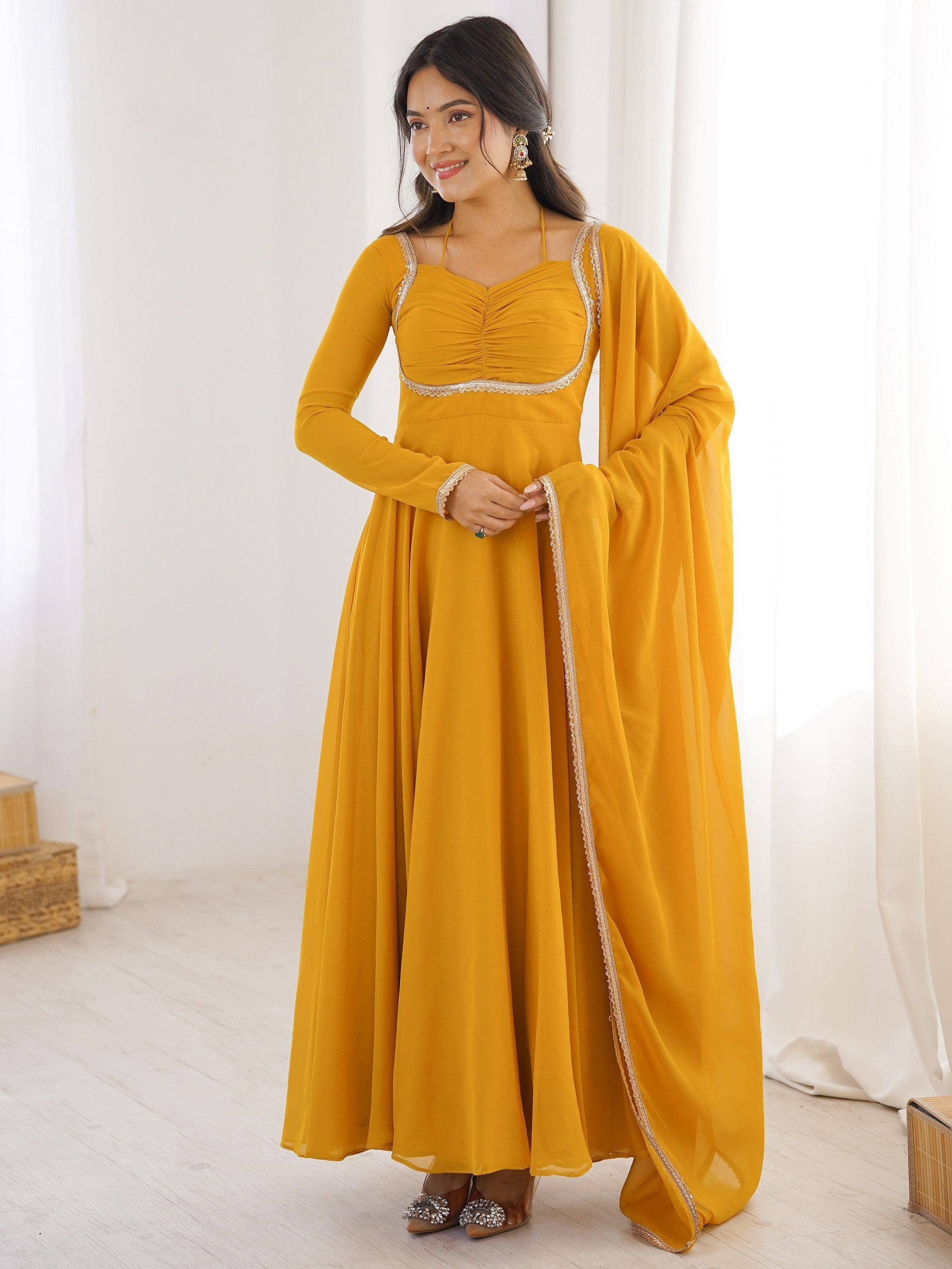 Yellow Georgette Festival Wear Gown With Dupatta for Women