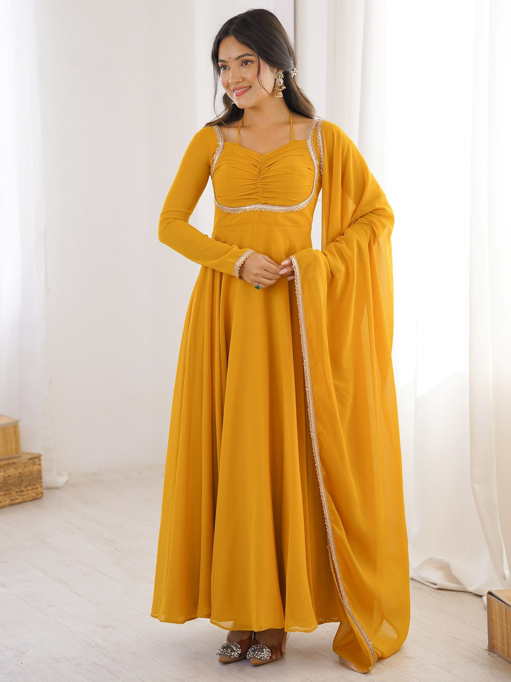 Yellow Georgette Festival Wear Gown With Dupatta for Women