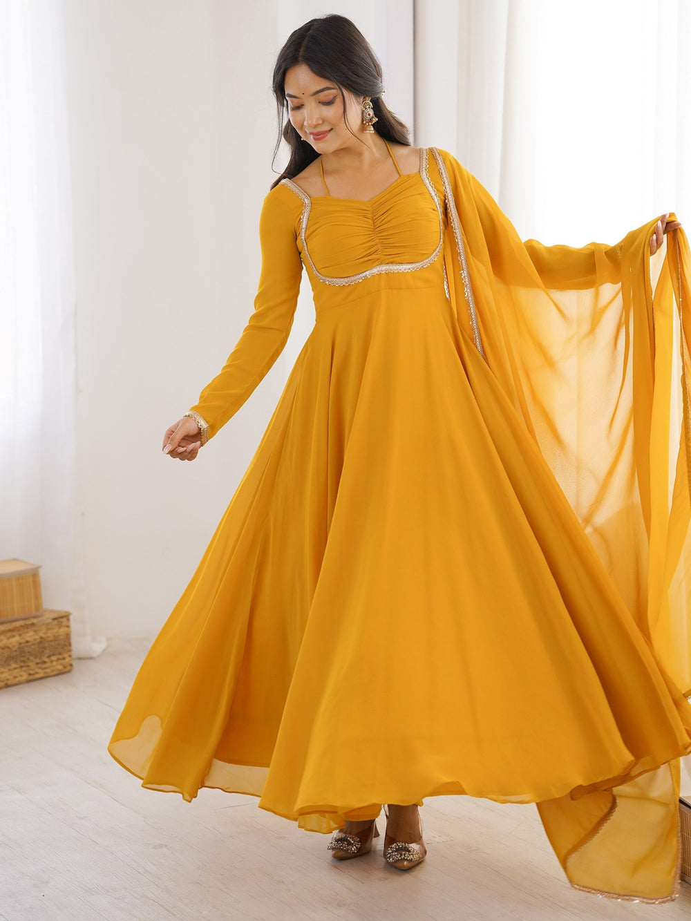 Yellow Georgette Festival Wear Gown With Dupatta for Women