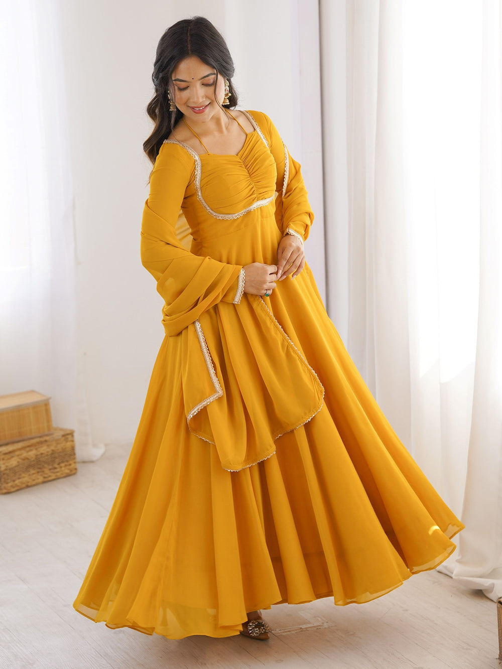 Yellow Georgette Festival Wear Gown With Dupatta for Women