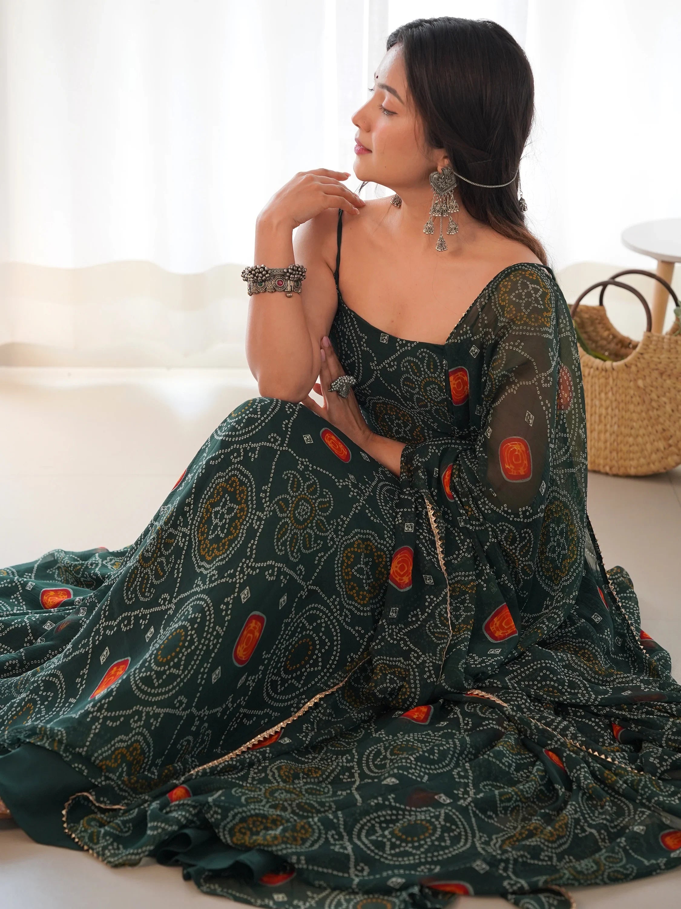 Green Bandhani Printed Chiffon Anarkali Gown With Dupatta for Women