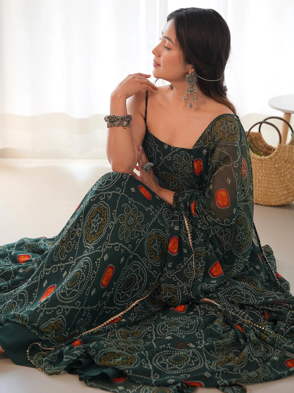 Green Bandhani Printed Chiffon Anarkali Gown With Dupatta for Women