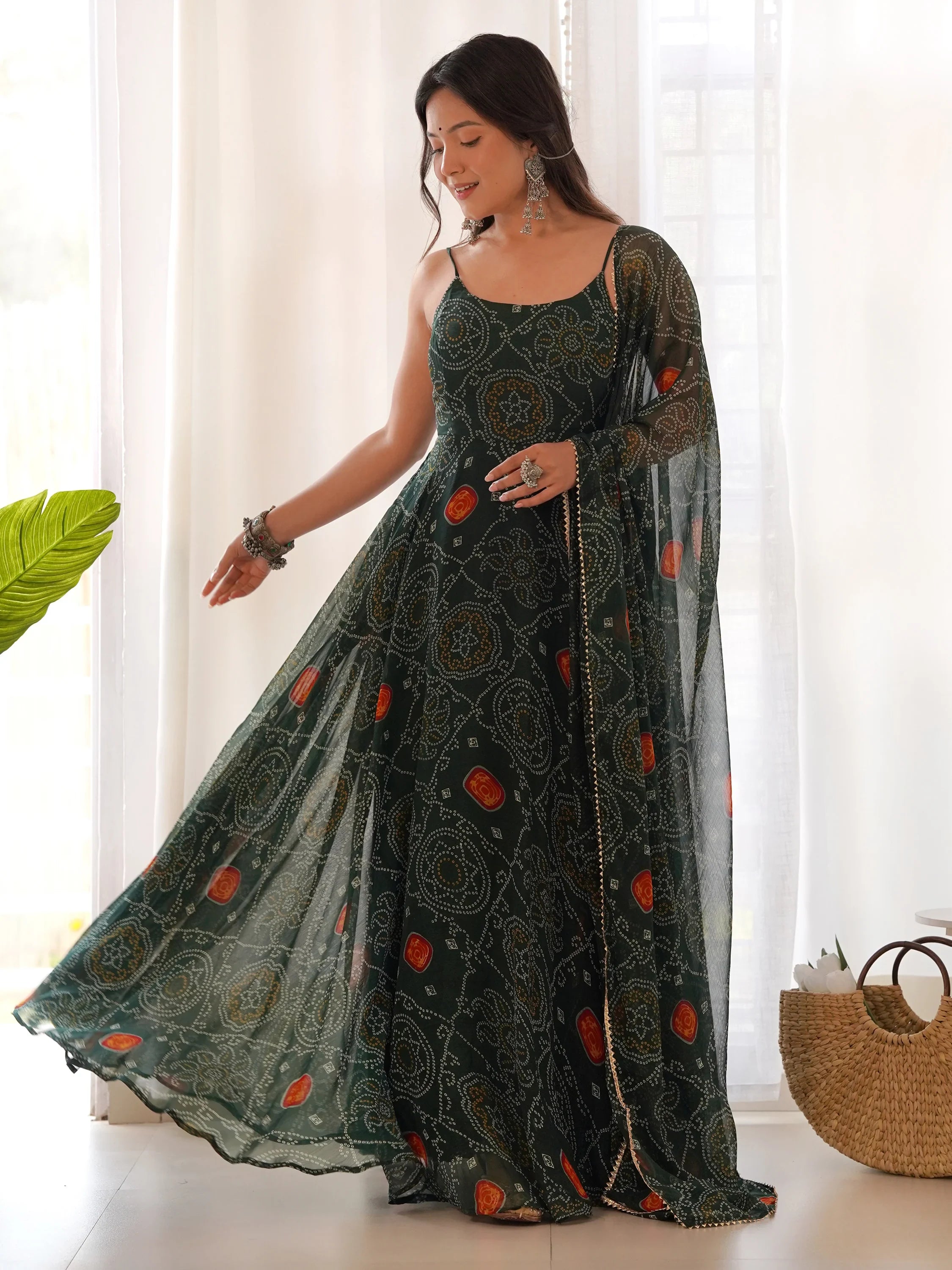 Green Bandhani Printed Chiffon Anarkali Gown With Dupatta for Women