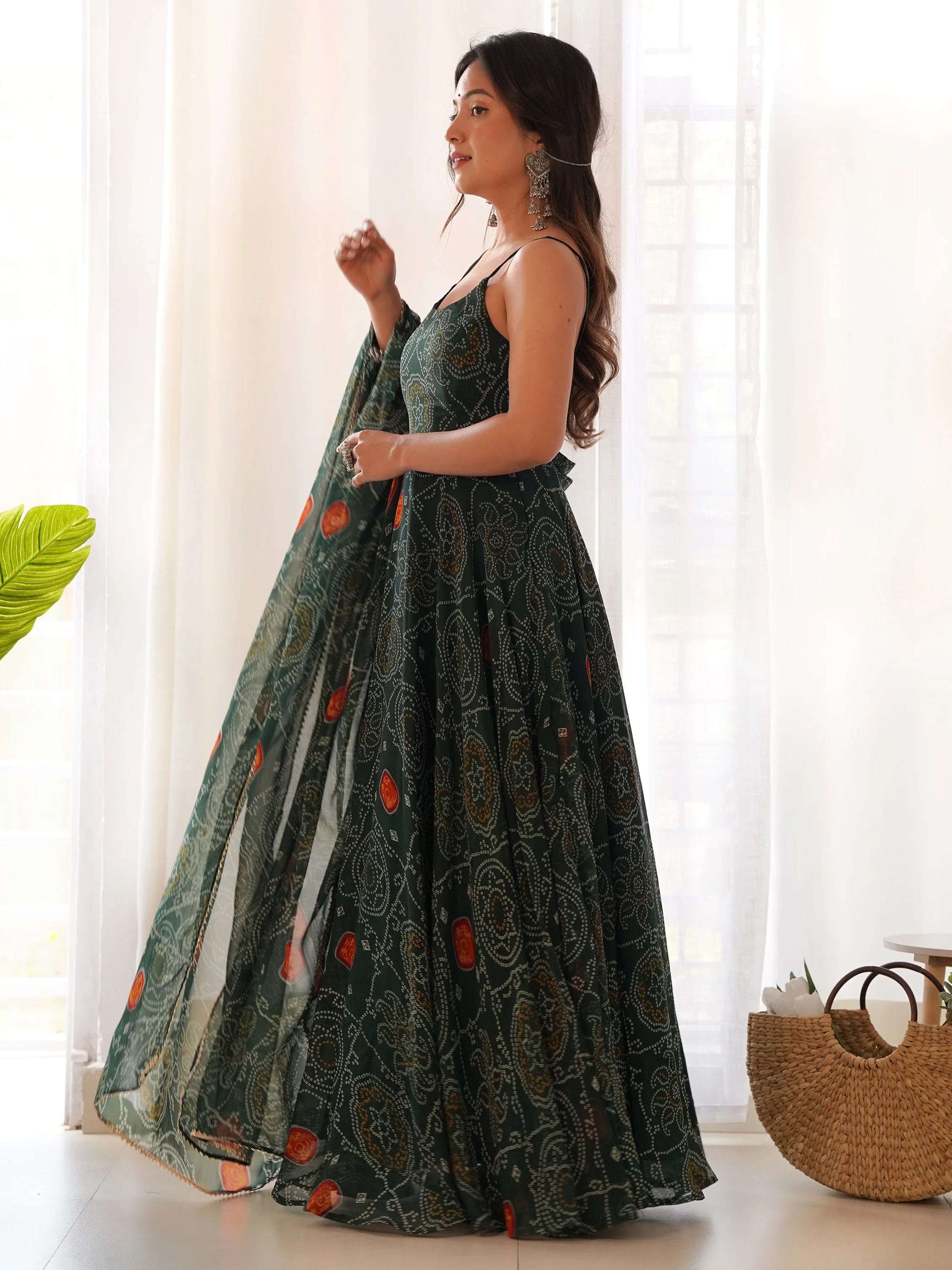 Green Bandhani Printed Chiffon Anarkali Gown With Dupatta for Women
