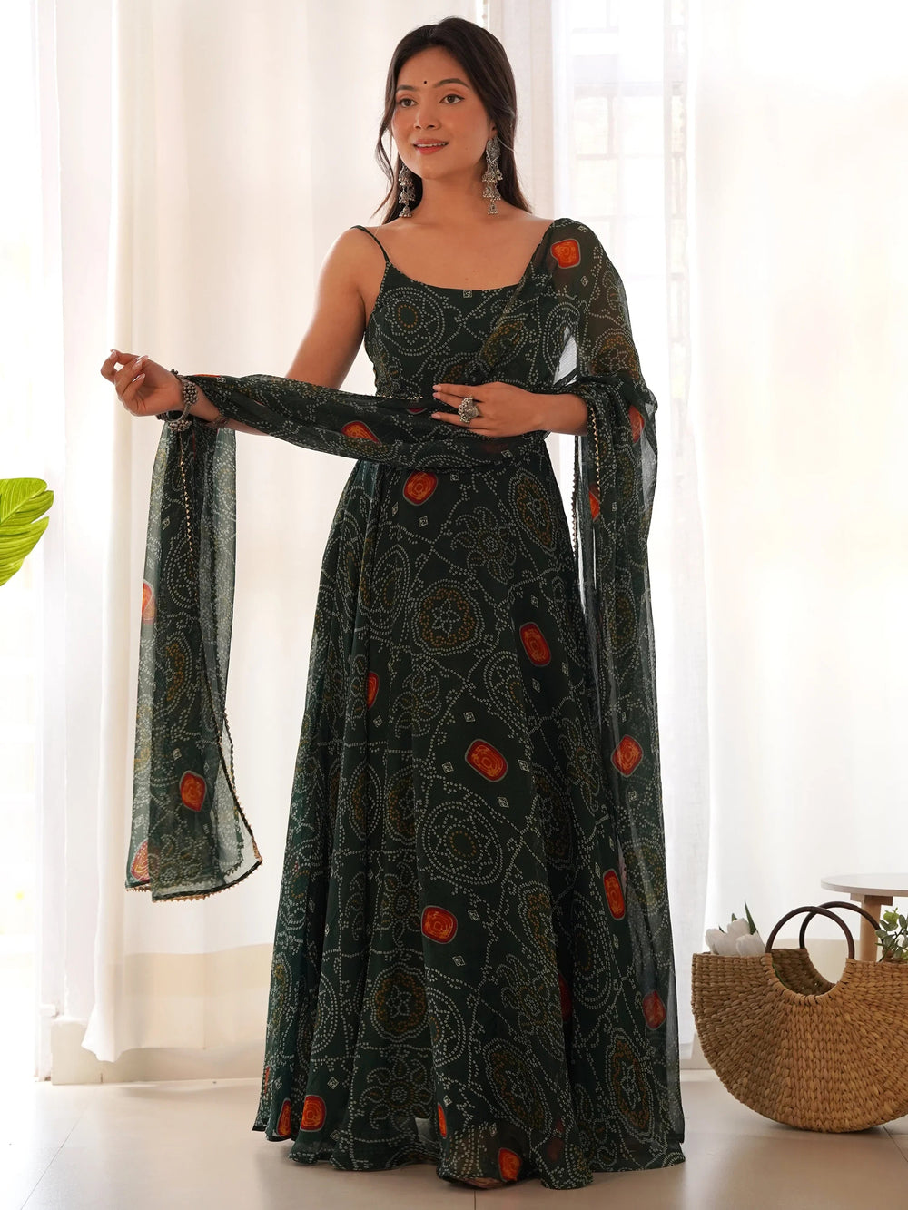 Green Bandhani Printed Chiffon Anarkali Gown With Dupatta for Women
