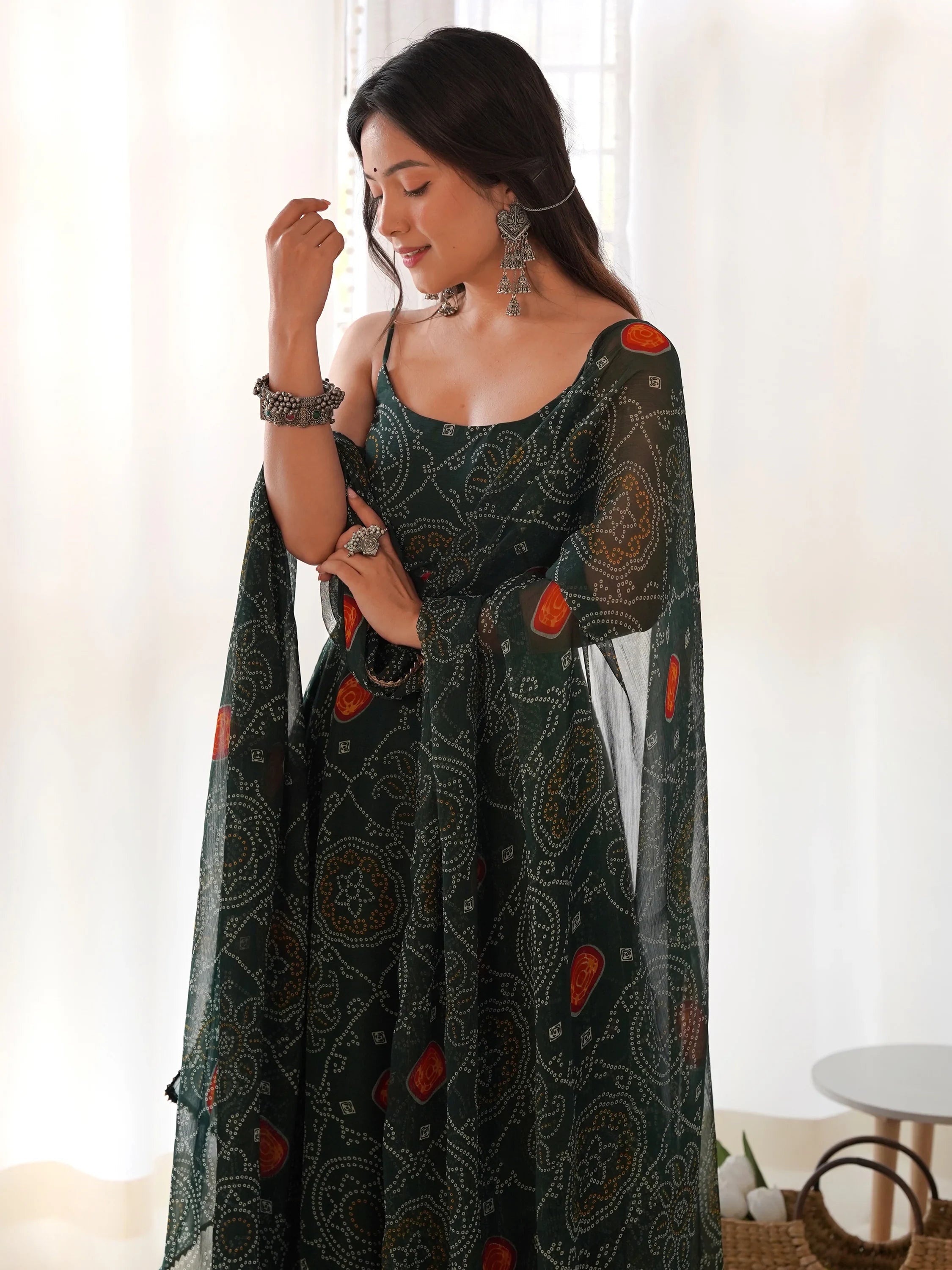 Green Bandhani Printed Chiffon Anarkali Gown With Dupatta for Women