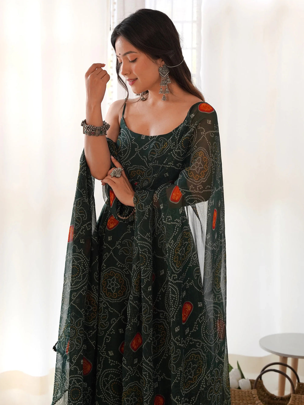 Green Bandhani Printed Chiffon Anarkali Gown With Dupatta for Women