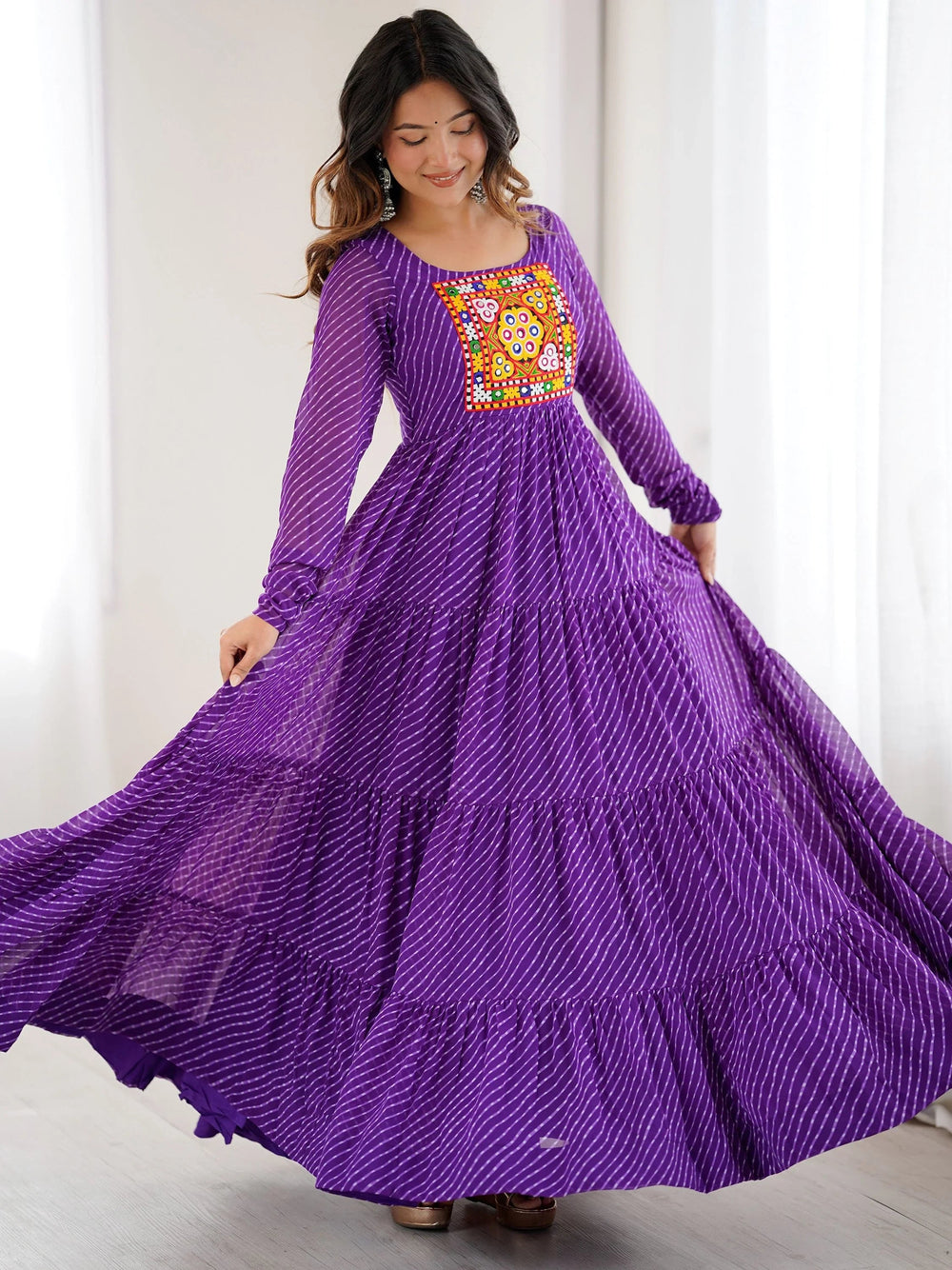 Purple Laheriya Printed Georgette Navratri Wear Gown for Women