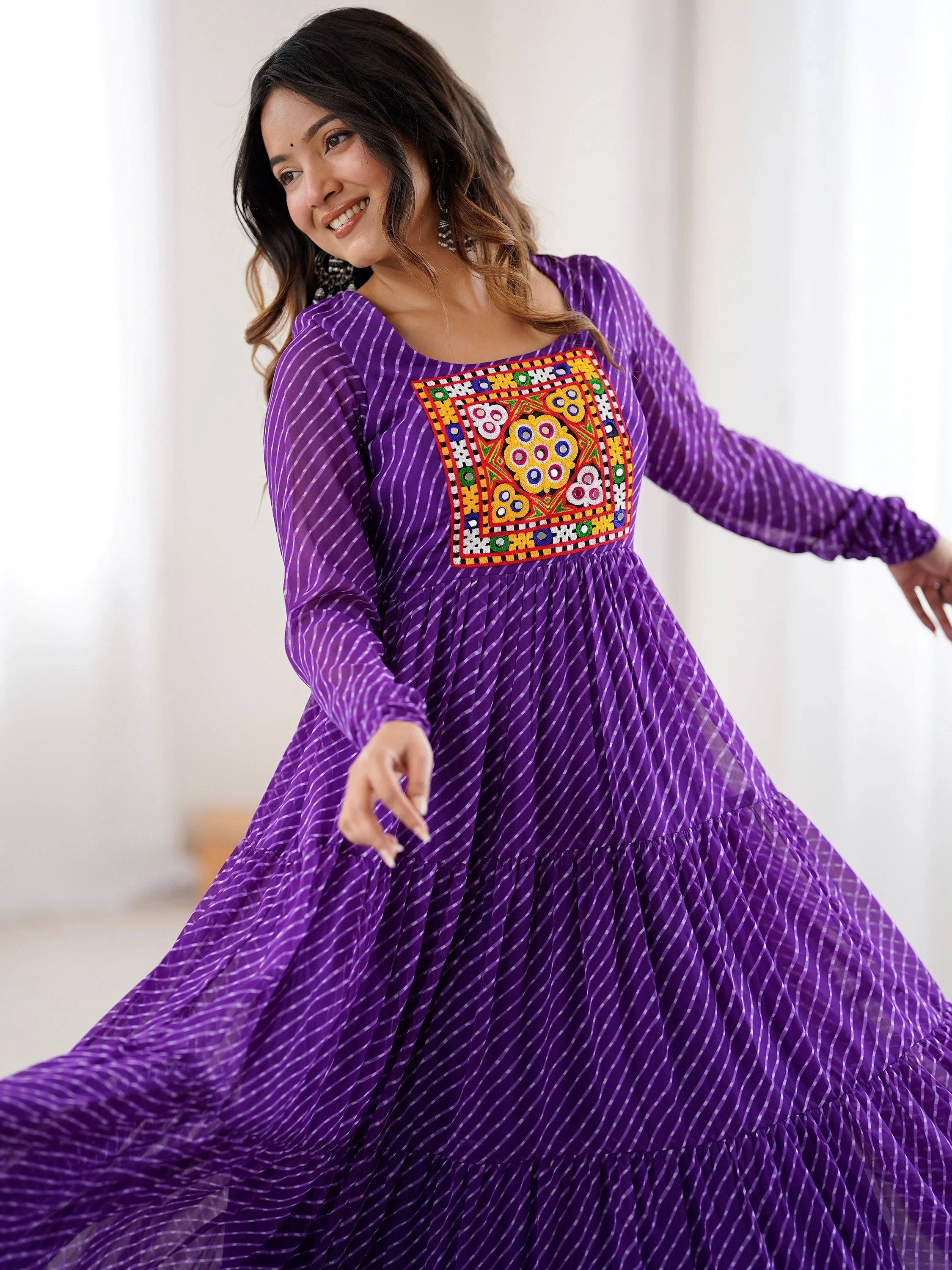 Purple Laheriya Printed Georgette Navratri Wear Gown for Women