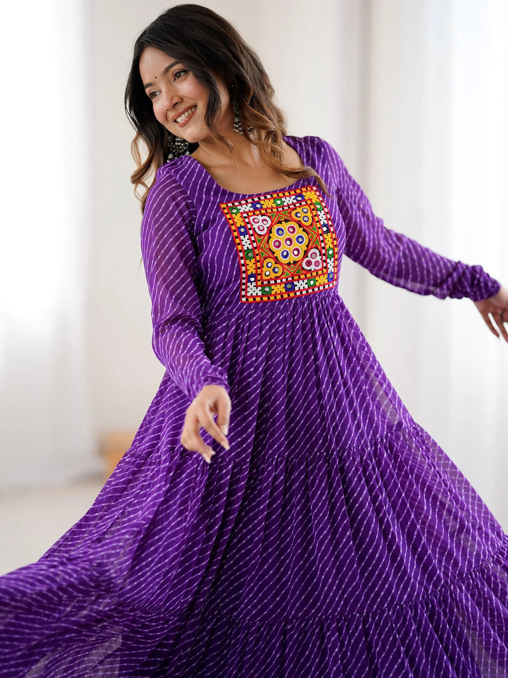 Purple Laheriya Printed Georgette Navratri Wear Gown for Women